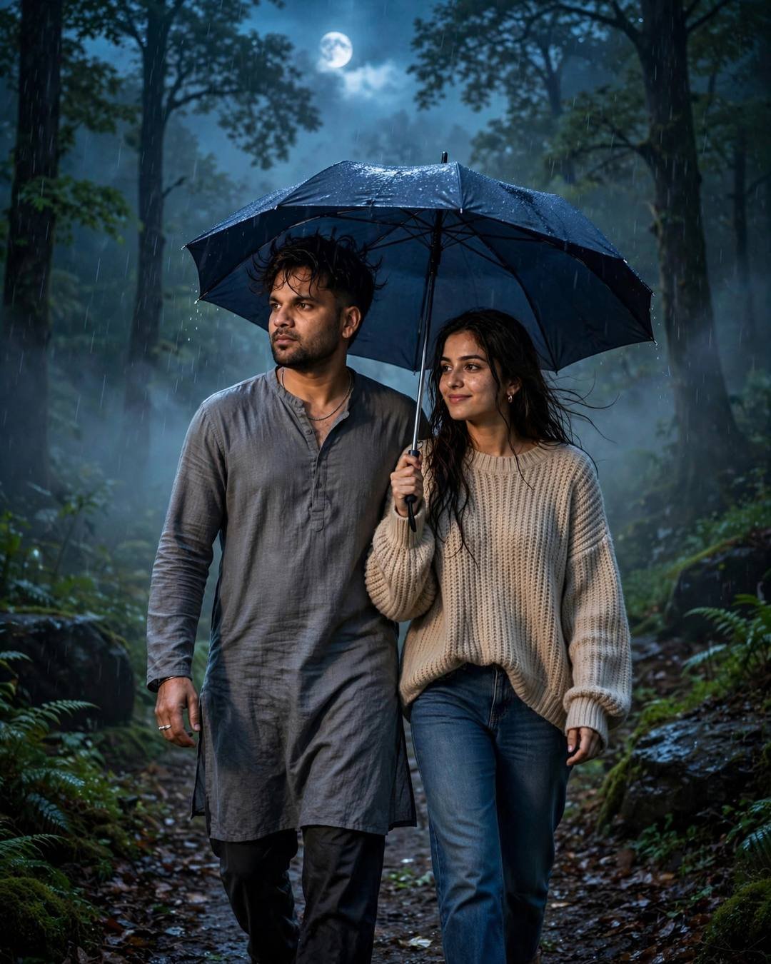 Feeding each other fresh strawberries on a — Romantic Couple AI portrait, grey kurta with dark pajama, windswept textured hair, at a misty forest path under moonlight