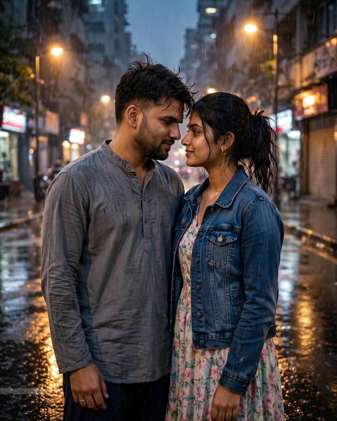 Rowing a small wooden boat together across — Romantic Couple AI portrait, grey kurta with dark pajama, slightly messy morning hair, at a rain-soaked city street at evening