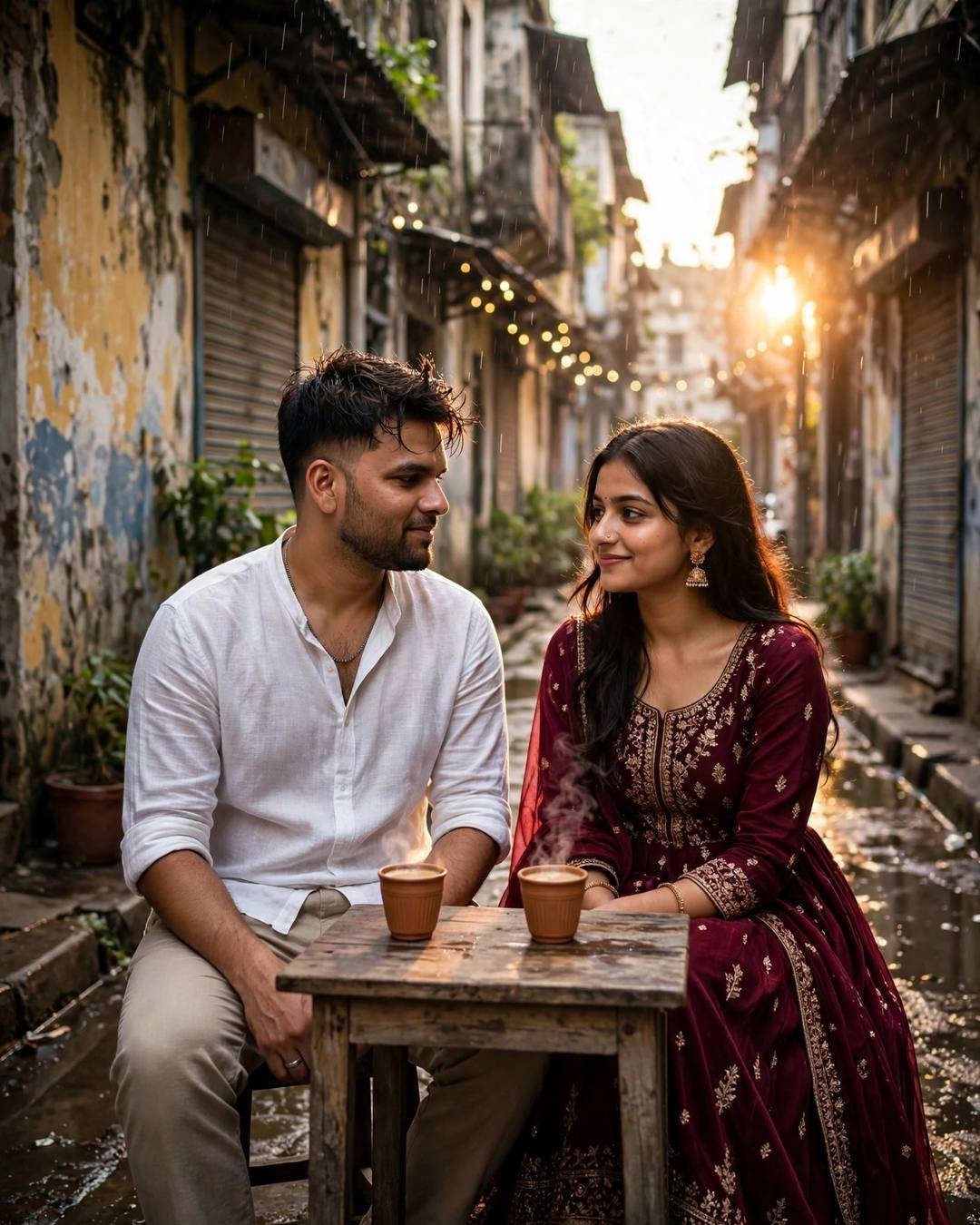 Stargazing on the hood of a car — Romantic Couple AI portrait, white linen shirt with rolled sleeves, beige trousers, slightly messy morning hair, at a narrow old-city lane with peeling walls
