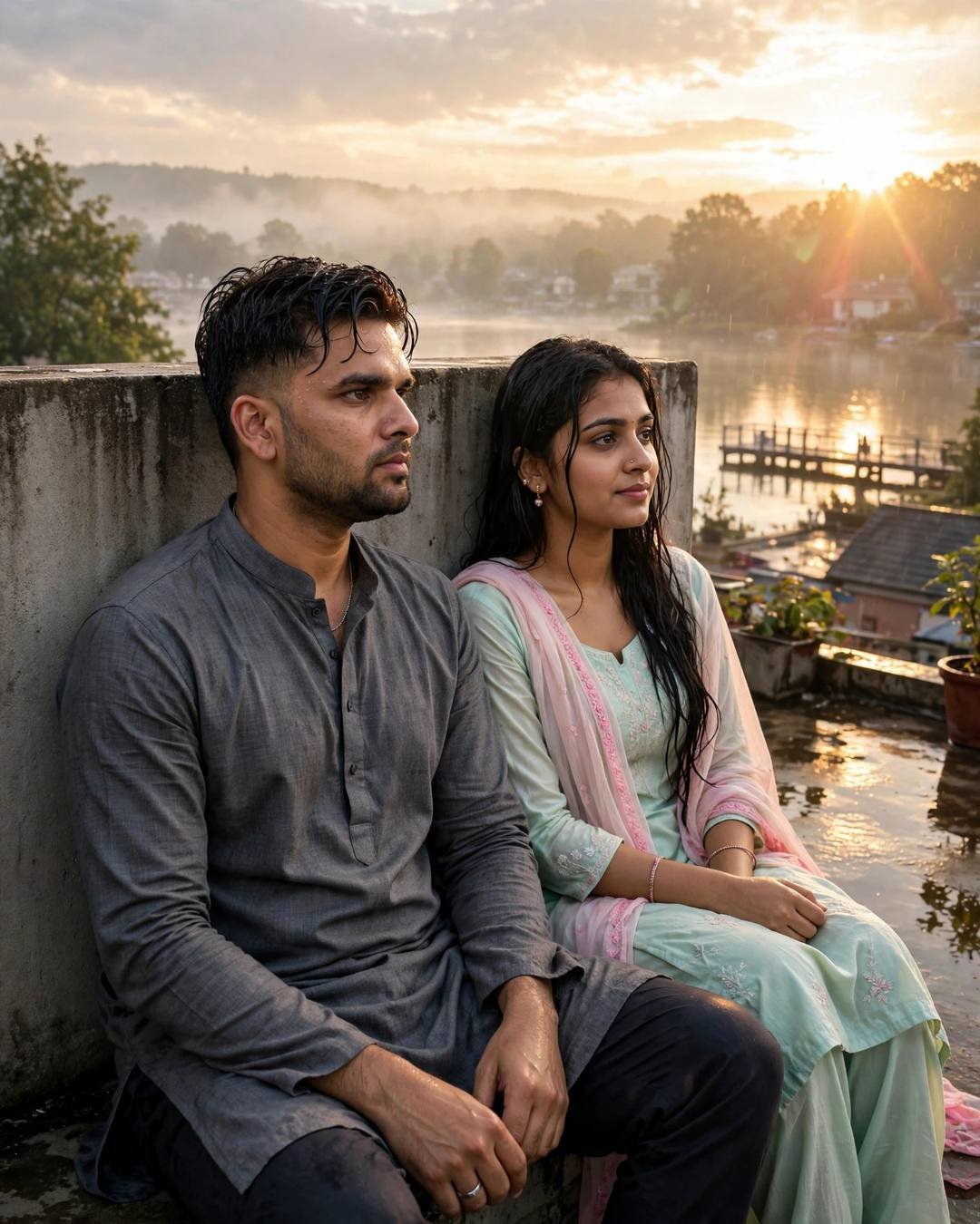 A surprise candlelight dinner on a terrace — Romantic Couple AI portrait, grey kurta with dark pajama, damp rain-wet hair, at a rooftop by a quiet lake pier at dawn