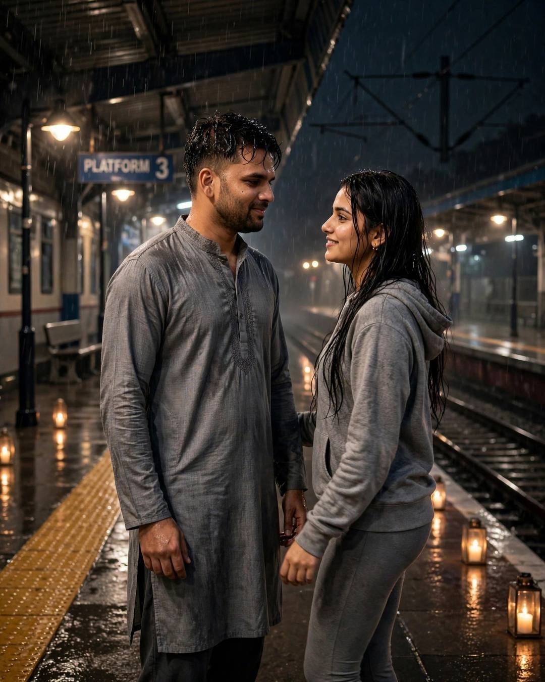 Couple standing face to face on an empty railway platform at night in rain with candles, man in grey kurta, woman in grey hoodie and leggings
