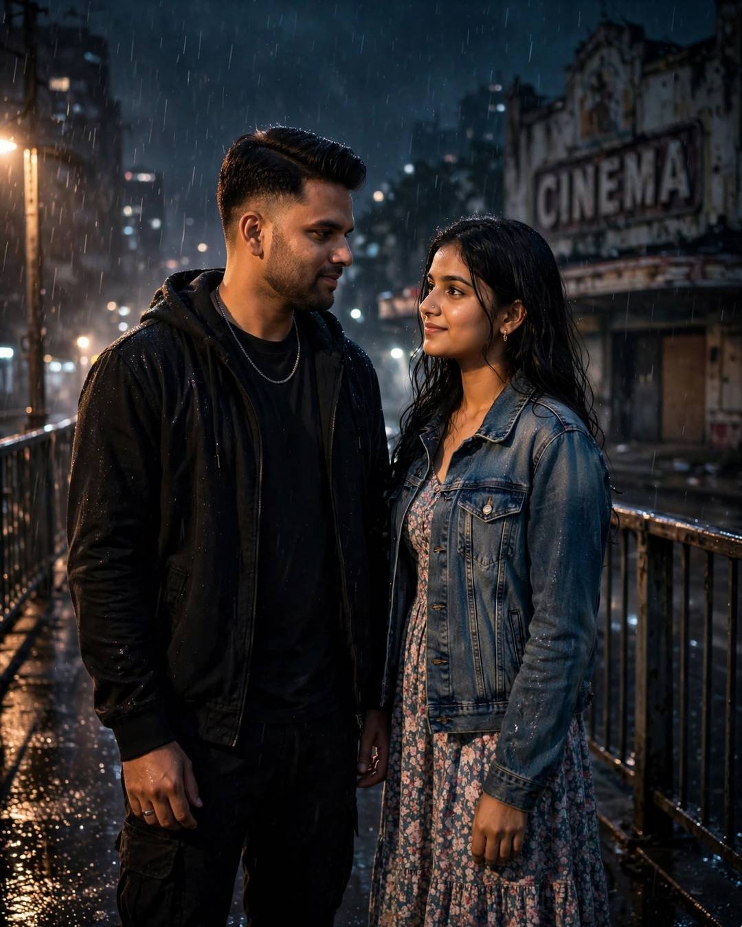 Couple standing on a bridge at midnight in drizzle looking at each other, man in all-black streetwear, woman in denim jacket over floral dress, cinema sign behind