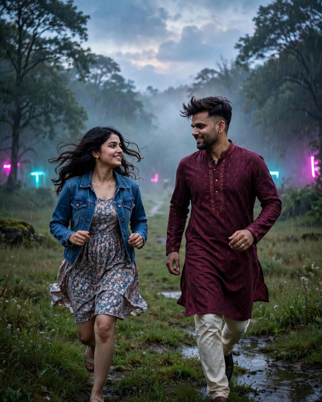 Couple running toward each other across a misty forest field path at blue hour in drizzle, man in maroon kurta, woman in denim jacket over floral dress