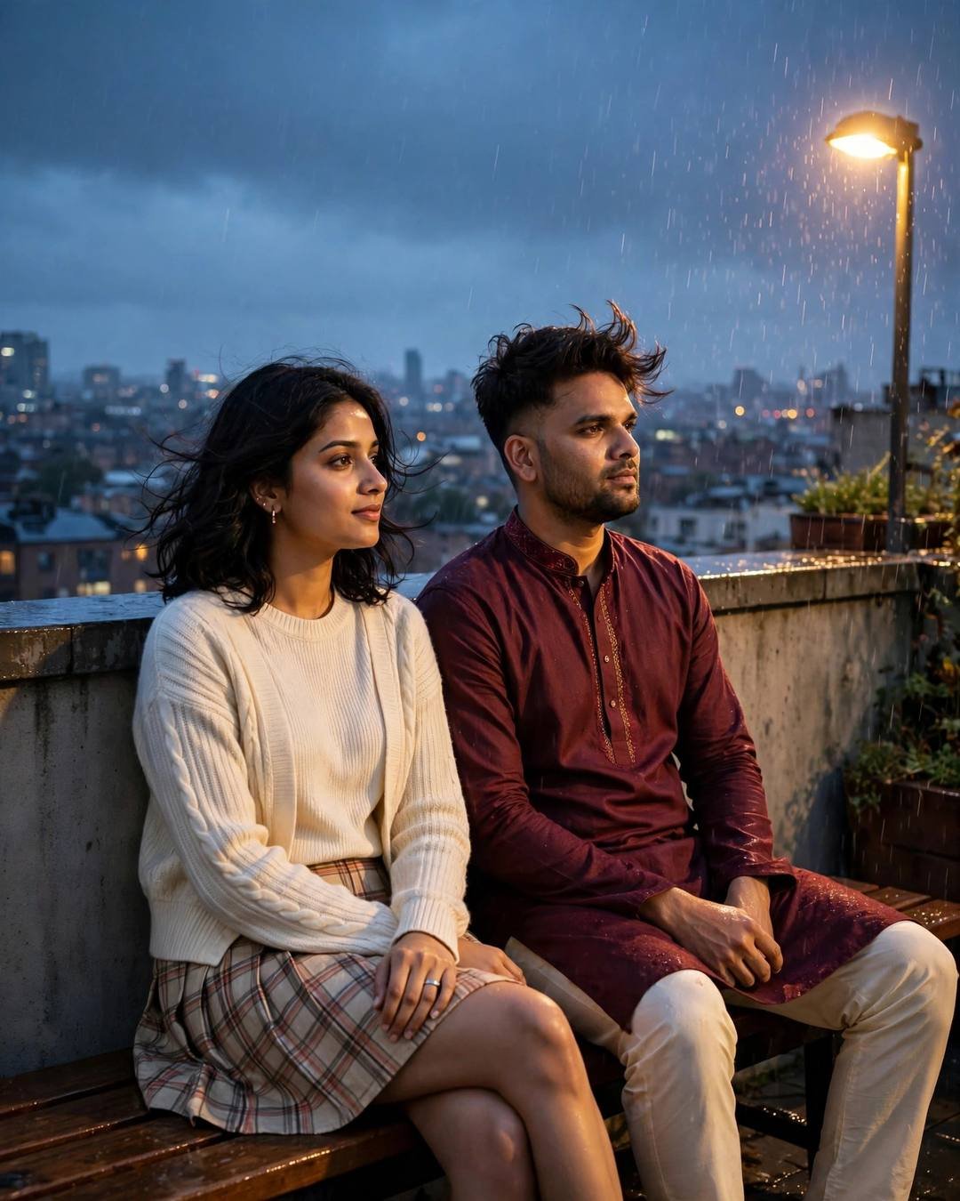 A mattress under the stars, shared blanket — Rooftop portrait, maroon kurta with cream churidar, cinematic mood photography
