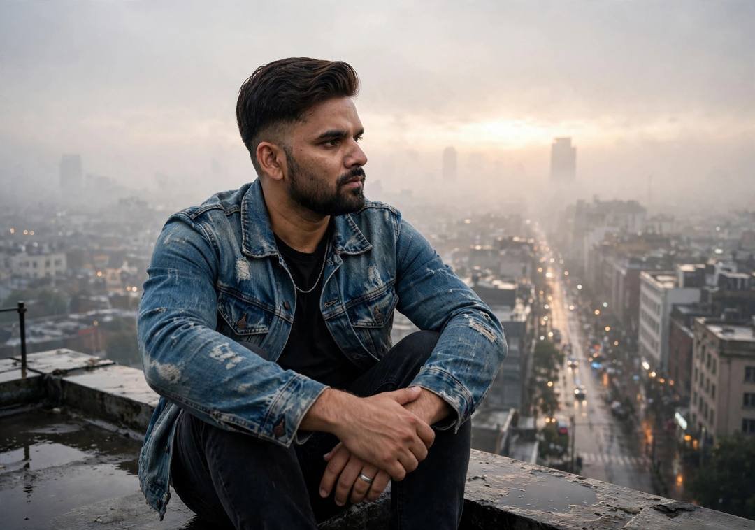 Riding alone through empty midnight streets with — Sad Attitude cinematic AI photo, distressed denim jacket over black tee, neatly combed side part, sitting with knees drawn up, arms wrapped around legs at rooftop overlooking sleeping city lights; post-rain wet streets, golden hour with pale dawn light through fog