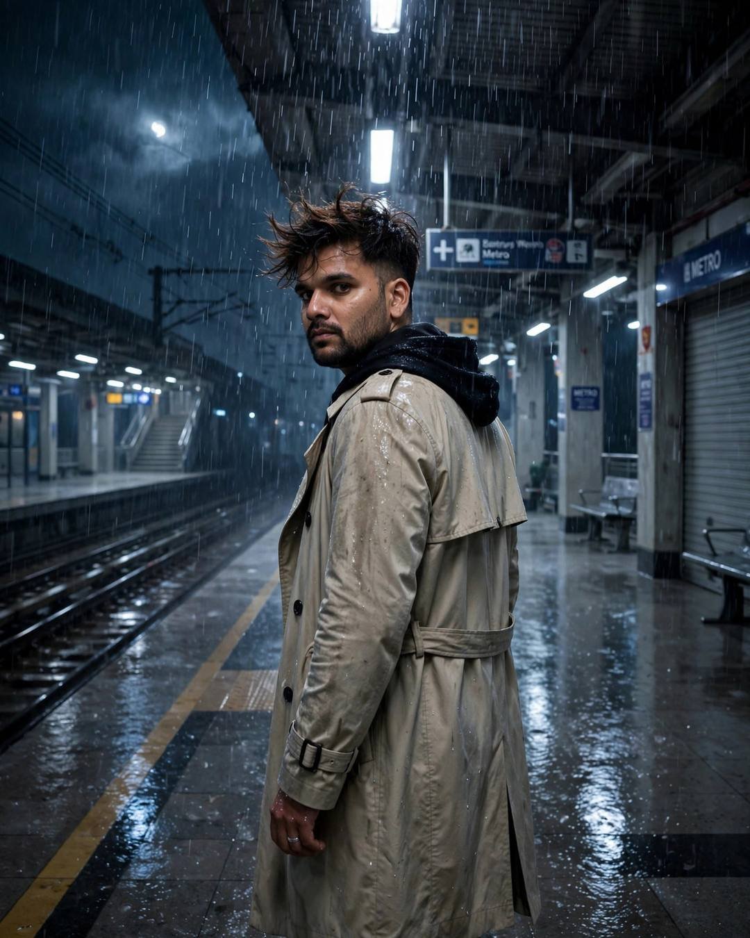 Erasing pencil marks of their heights from — Sad Boy AI portrait, beige trench coat over dark layers, windswept textured hair, at a rain-slick metro platform at midnight