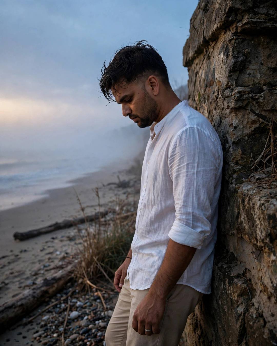 Sitting on the edge of his bed — Sad Boy AI portrait, white linen shirt with rolled sleeves, beige trousers, towel-dried tousled hair, at a quiet beach wall at dusk