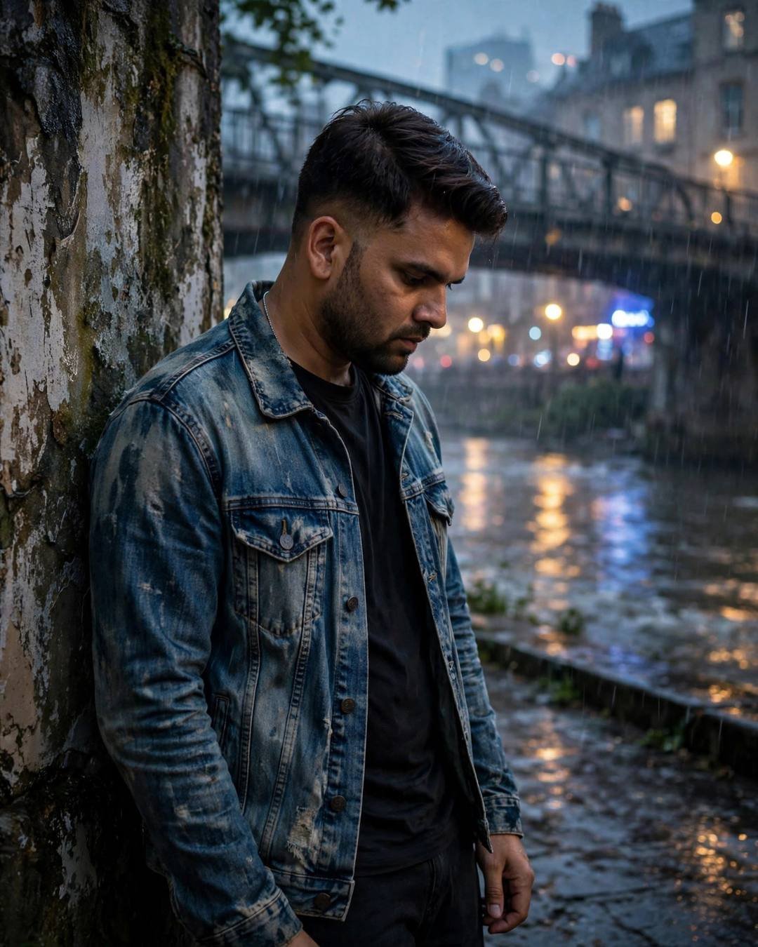 Gazing at an empty swing swaying gently — Sad Boy AI portrait, distressed denim jacket over black tee, neatly combed side part, at a riverside bridge in soft rain