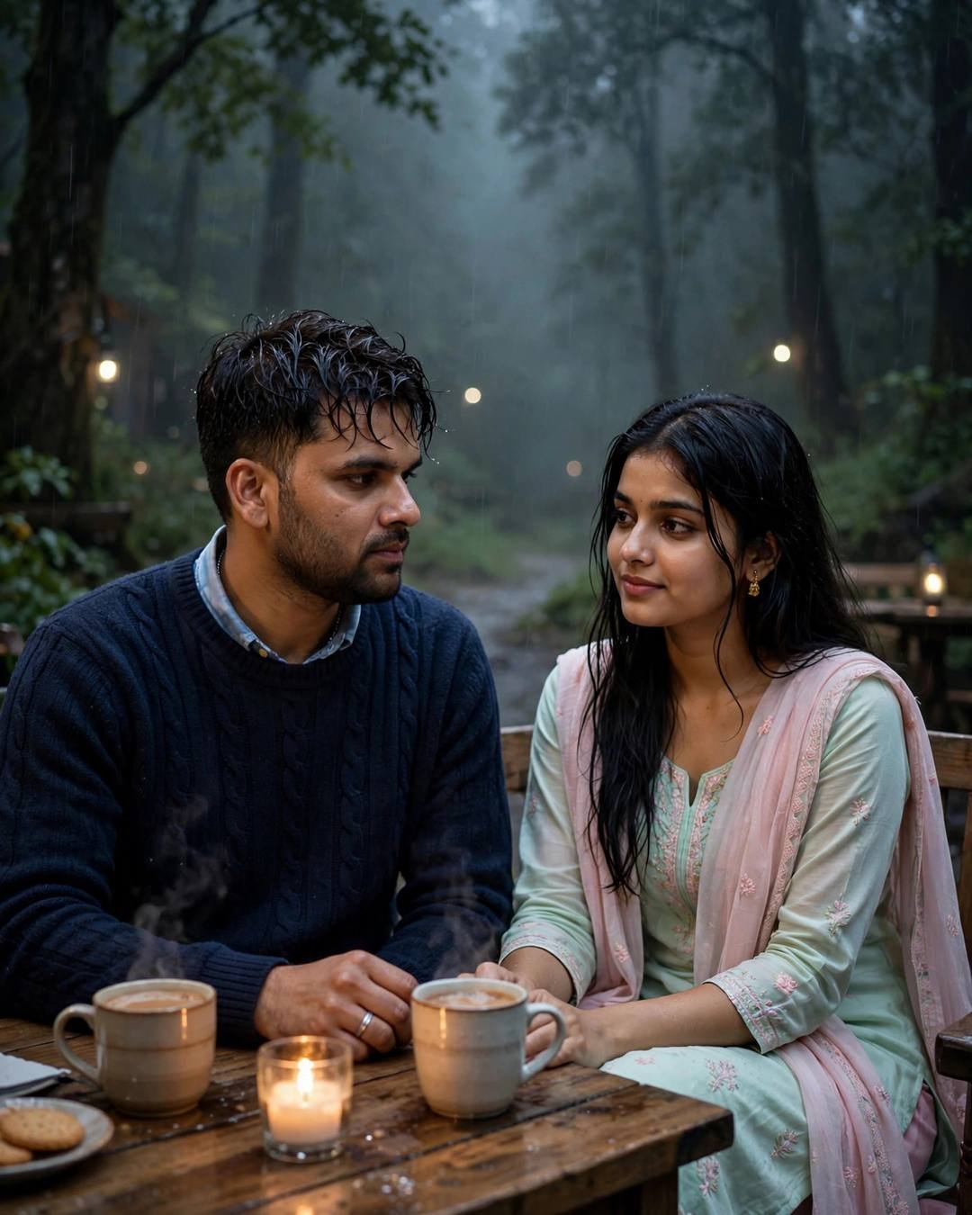 Walking side by side through a grey — Sad Couple AI portrait, navy sweater over collared shirt, damp rain-wet hair, at a forest-path cafe table under grey skies