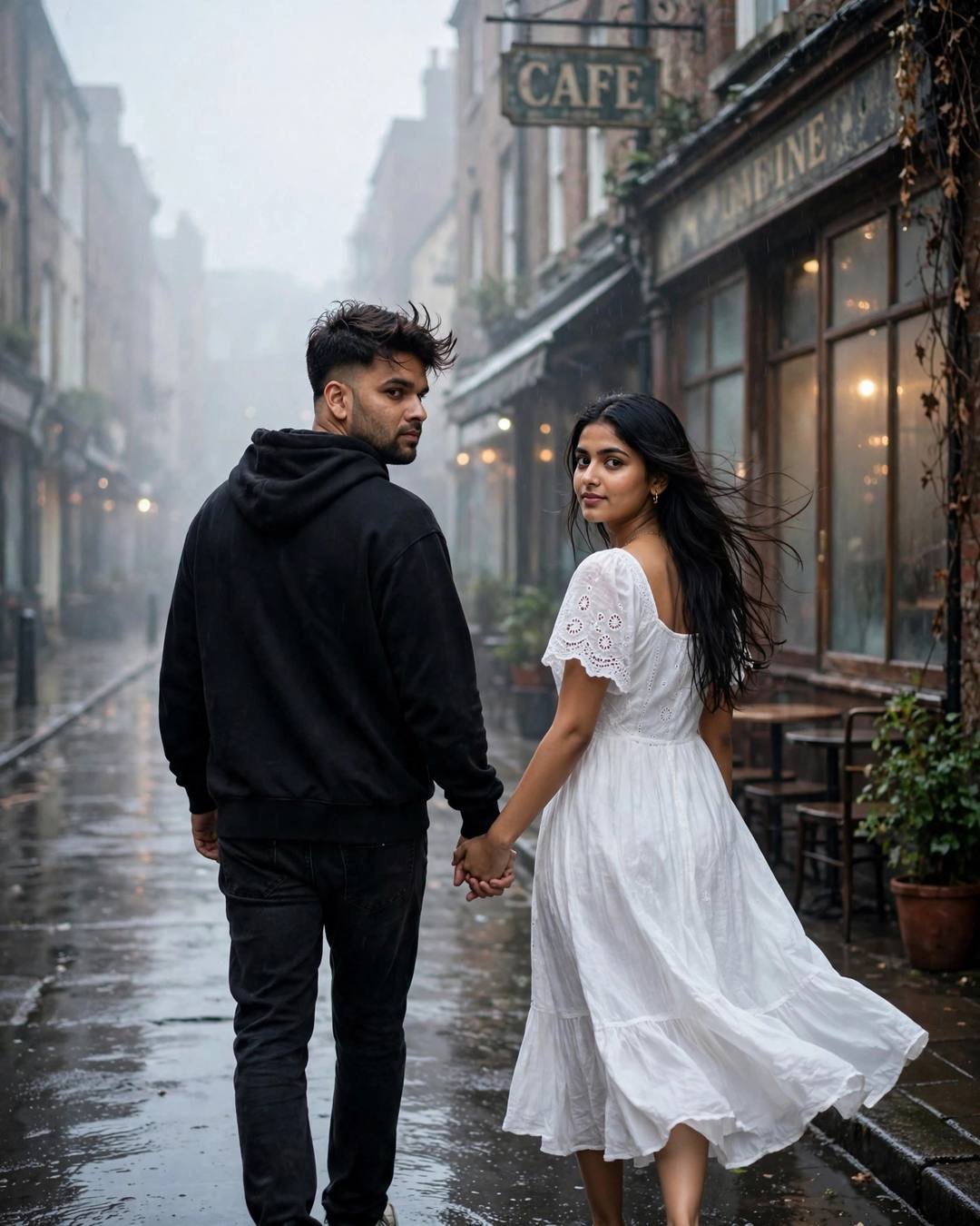 Standing back to back in a lift, — Sad Couple AI portrait, black oversized hoodie and dark jeans, windswept textured hair, at an old cafe street after the rain