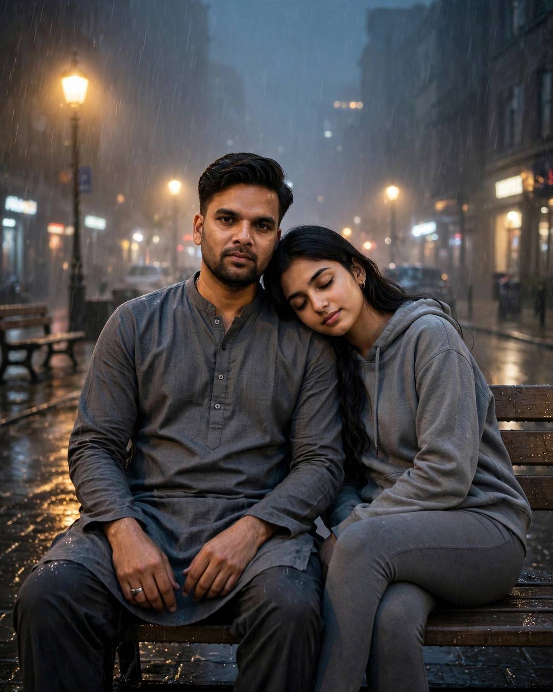 Sitting across a cold dinner table lit — Sad Couple AI portrait, grey kurta with dark pajama, neatly combed side part, at a rain-soaked street bench at midnight