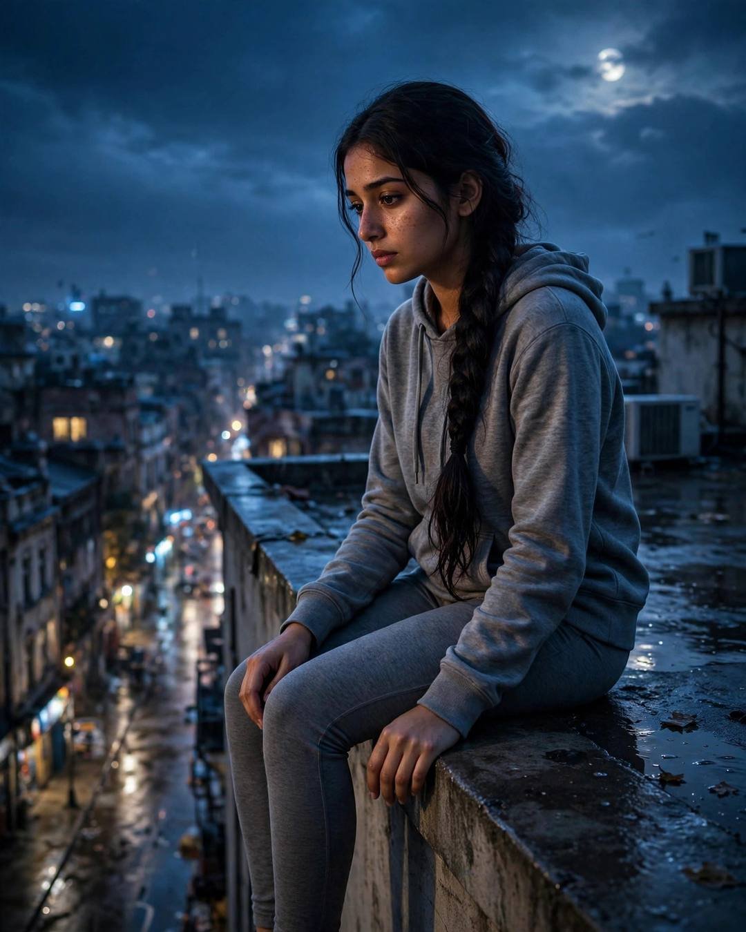 Brushing her hair slowly before a mirror, — Sad Girl AI portrait, grey hoodie and leggings, long braid over one shoulder, at a rooftop ledge under the night sky