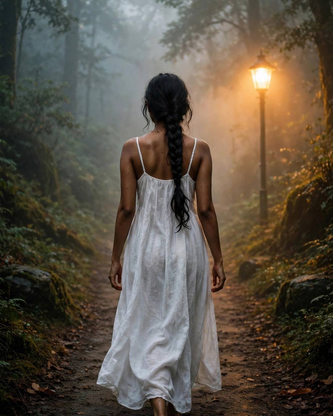 Watching distant wedding fireworks from her terrace, — Sad Girl AI portrait, flowing white summer dress, long braid over one shoulder, at a misty forest path lit by an old lamp
