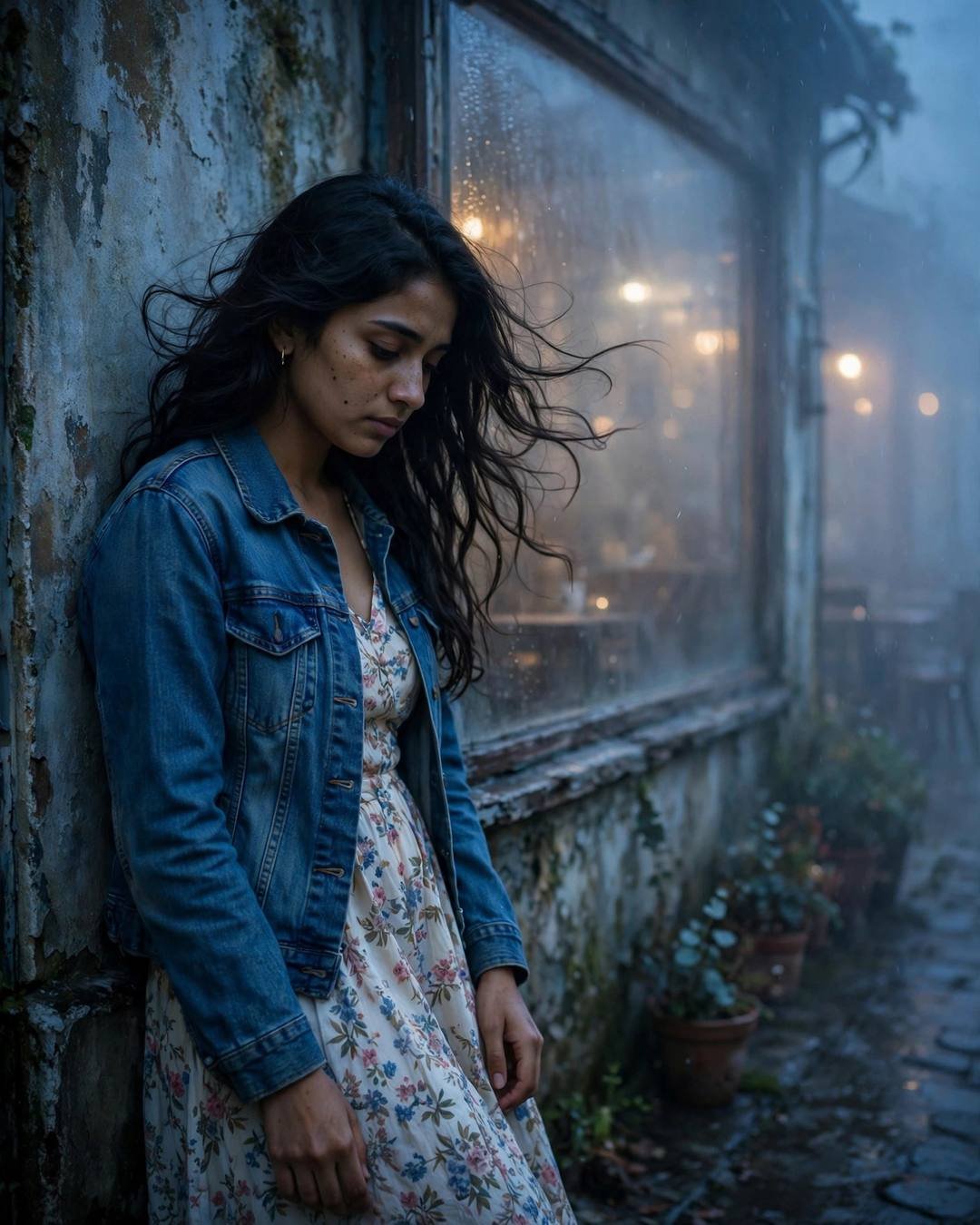 Standing in an empty kitchen, staring at — Sad Girl AI portrait, denim jacket over floral dress, loose open hair in the breeze, at outside an old cafe with a fogged window