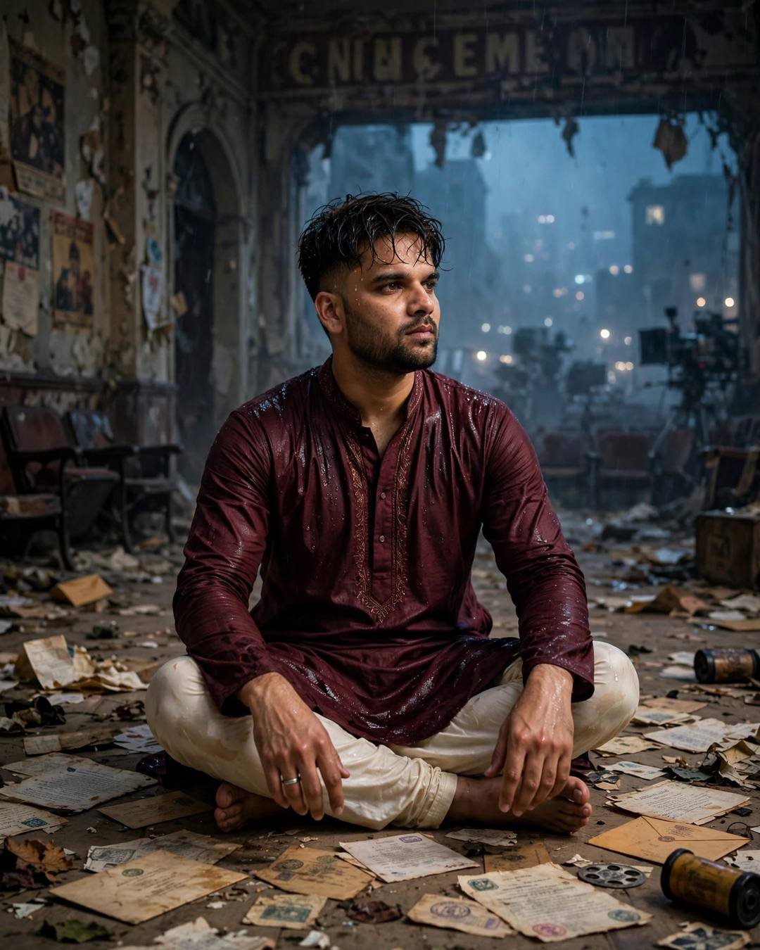 Crossing a neon zebra crossing in slow — Street Cinematic portrait, maroon kurta with cream churidar, cinematic mood photography