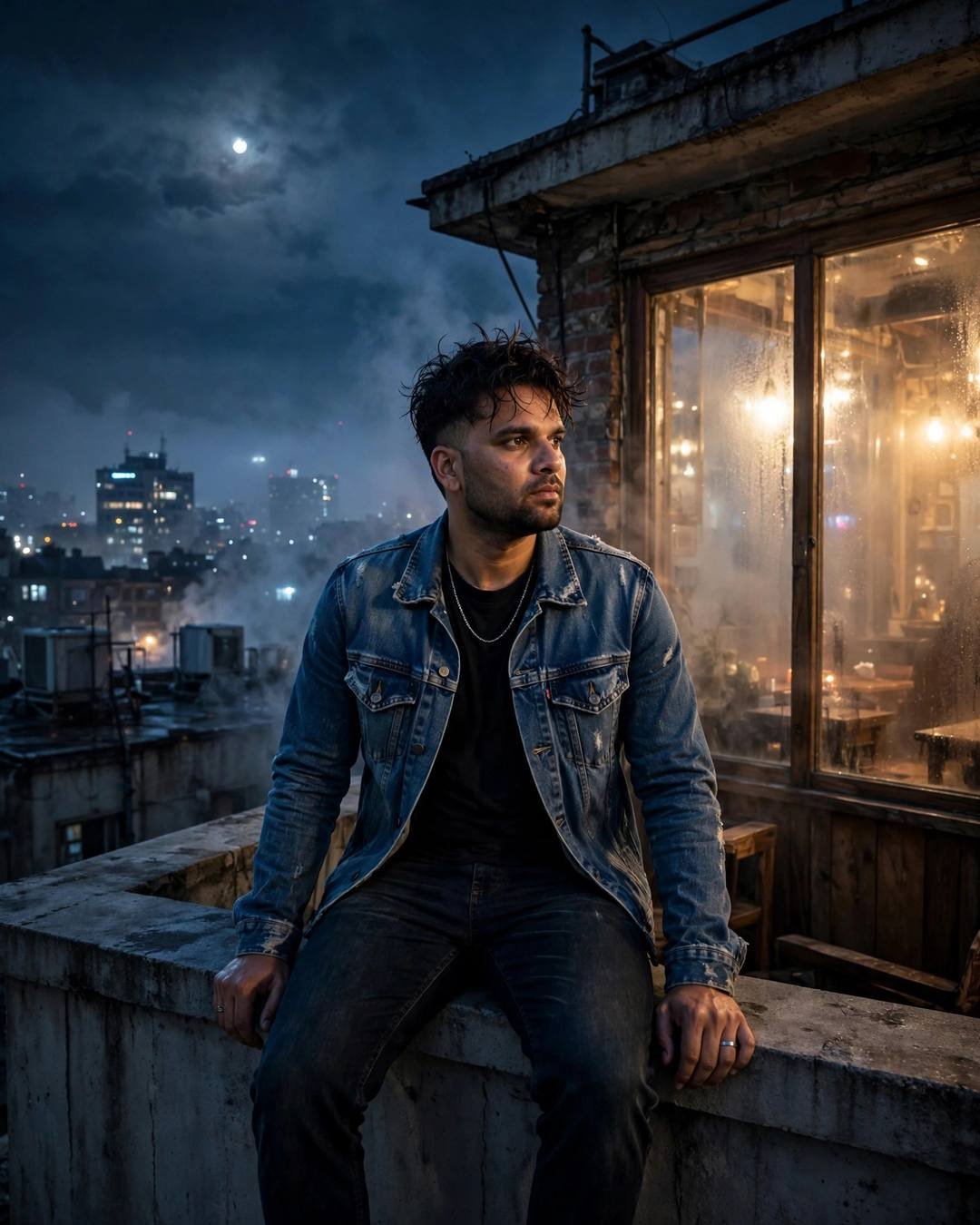 Sitting on cold metro stairs, sketching passing — Street Cinematic portrait, distressed denim jacket over black tee, cinematic mood photography