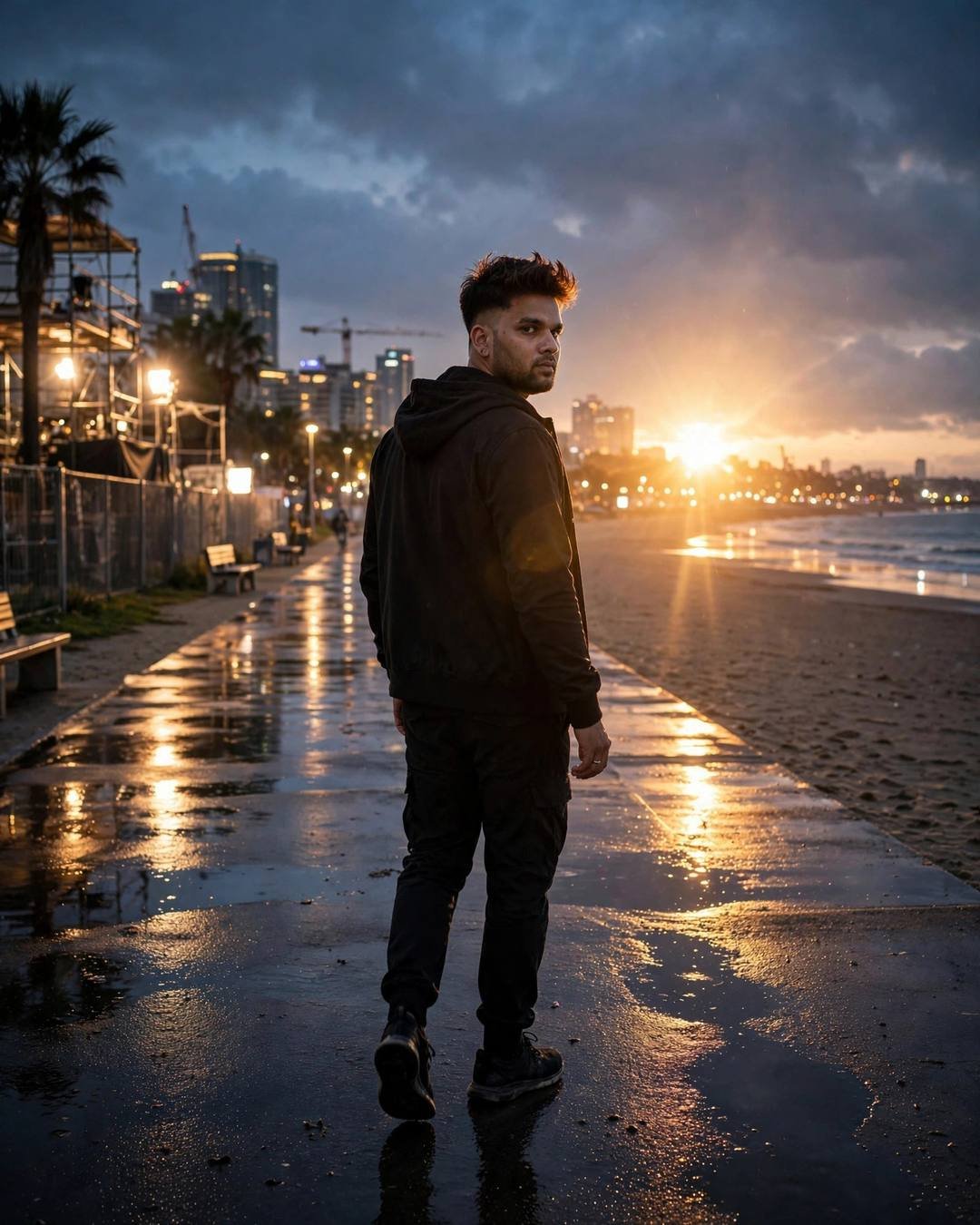 Sitting on wet pavement with elbows on — Street Cinematic portrait, all-black streetwear with sneakers, cinematic mood photography
