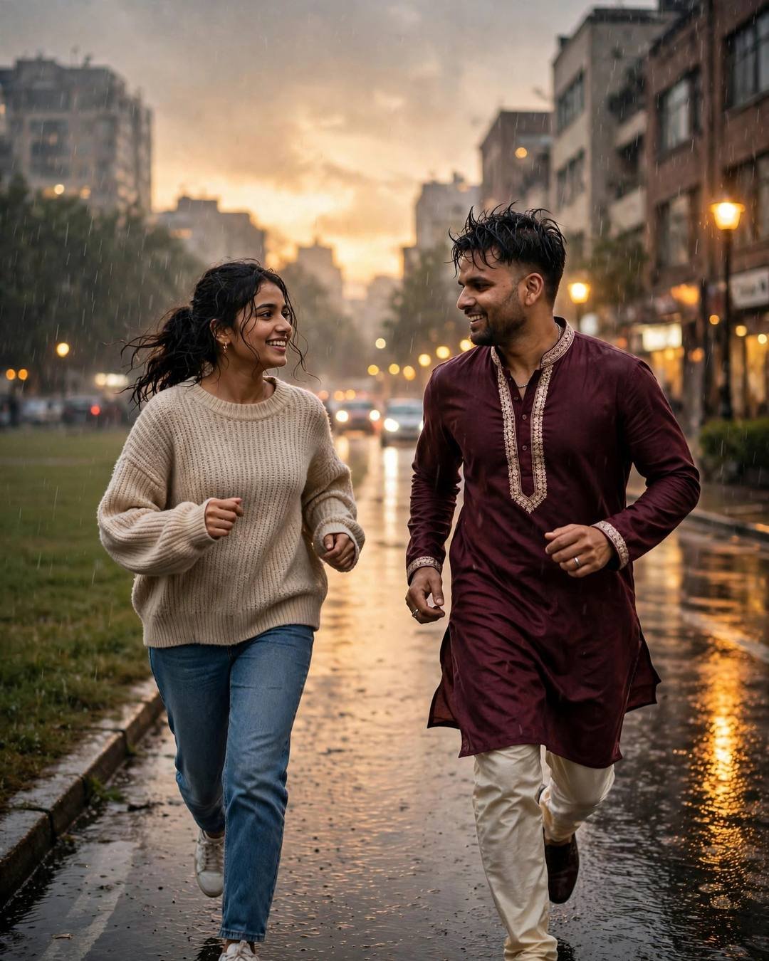 Couple running toward each other smiling on a rain-soaked city street at golden hour, man in maroon kurta and cream churidar, woman in beige sweater and jeans