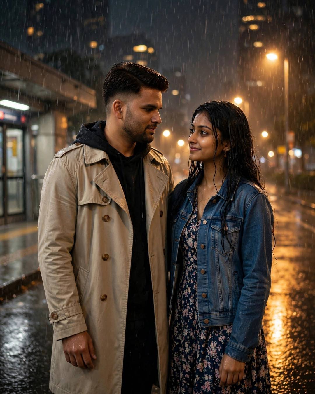 Couple standing close face to face in heavy rain on a wet street near a metro station at night, man in beige trench coat, woman in denim jacket over floral dress