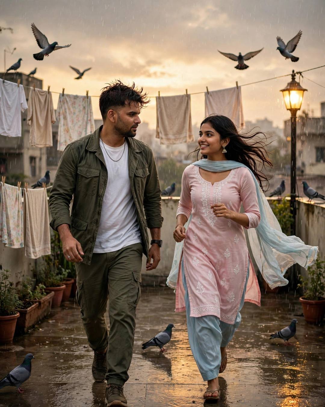 Couple running together on a wet rooftop terrace with laundry lines and pigeons at golden hour, man in olive field jacket and white tee, woman in pastel pink salwar-kameez with flowing dupatta