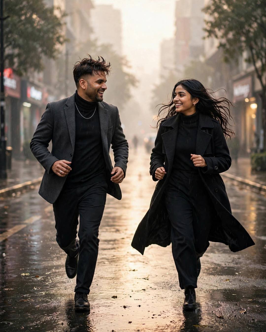 Couple running and laughing on a foggy rain-soaked city street, man in charcoal blazer and black turtleneck, woman in black turtleneck with long black coat