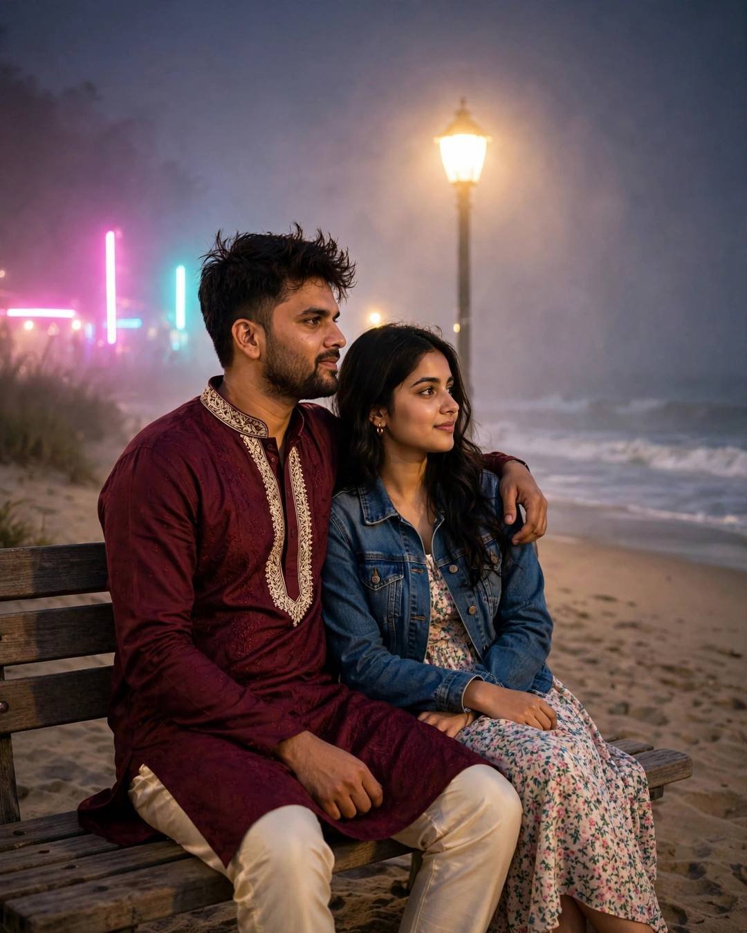 Both dressed in silk, feeding grains to — Traditional Couple portrait, maroon kurta with cream churidar, cinematic mood photography