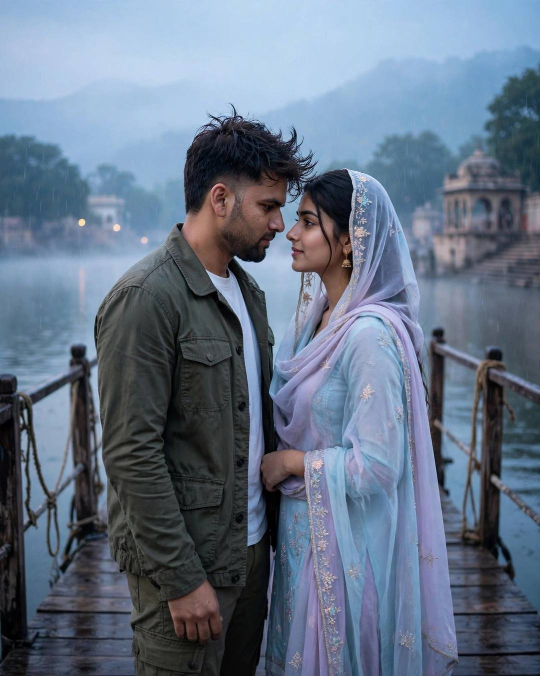 Her bangles chiming as she drapes the — Traditional Couple portrait, olive field jacket, cinematic mood photography