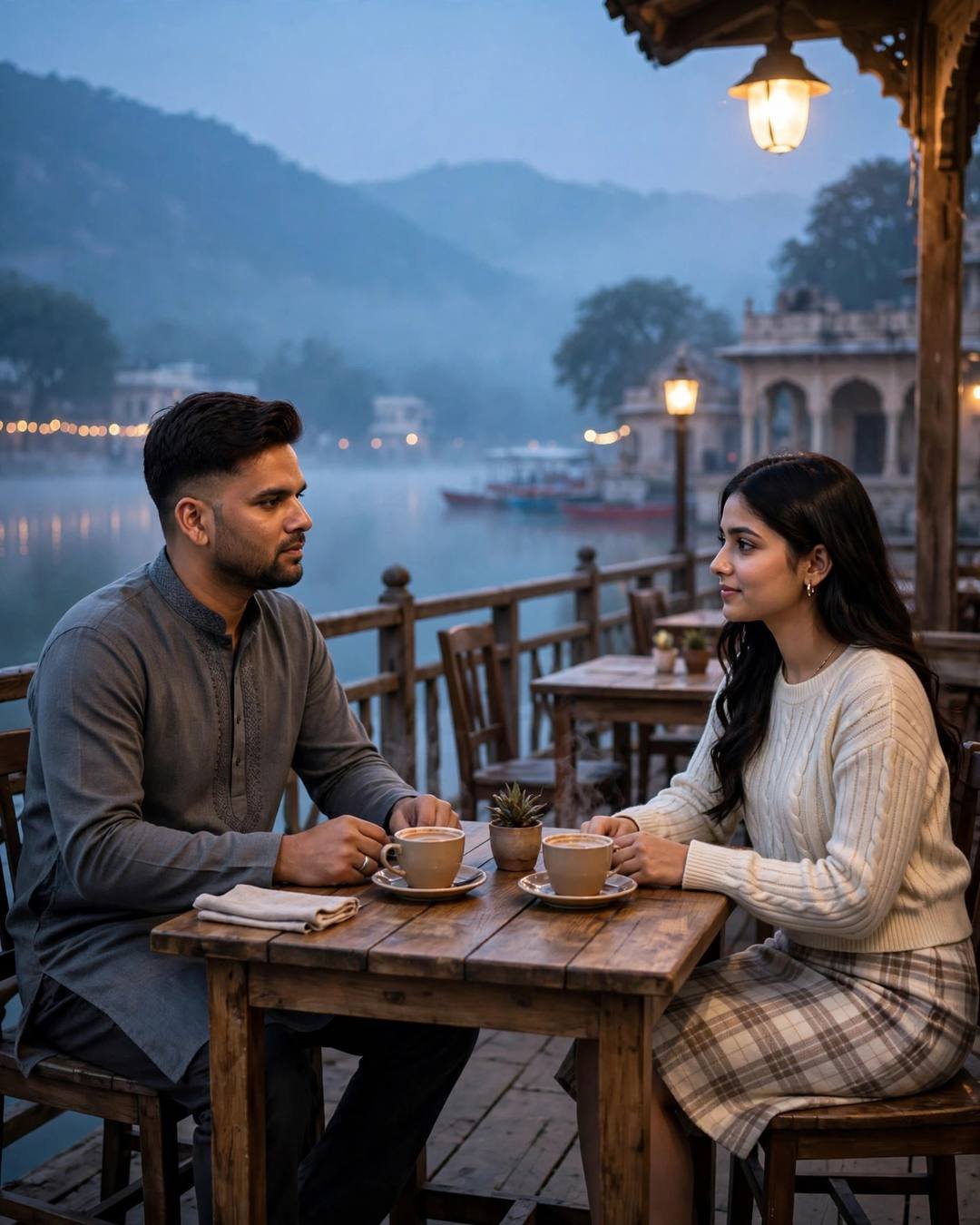 Her smearing haldi on his cheek while — Traditional Couple portrait, grey kurta with dark pajama, cinematic mood photography
