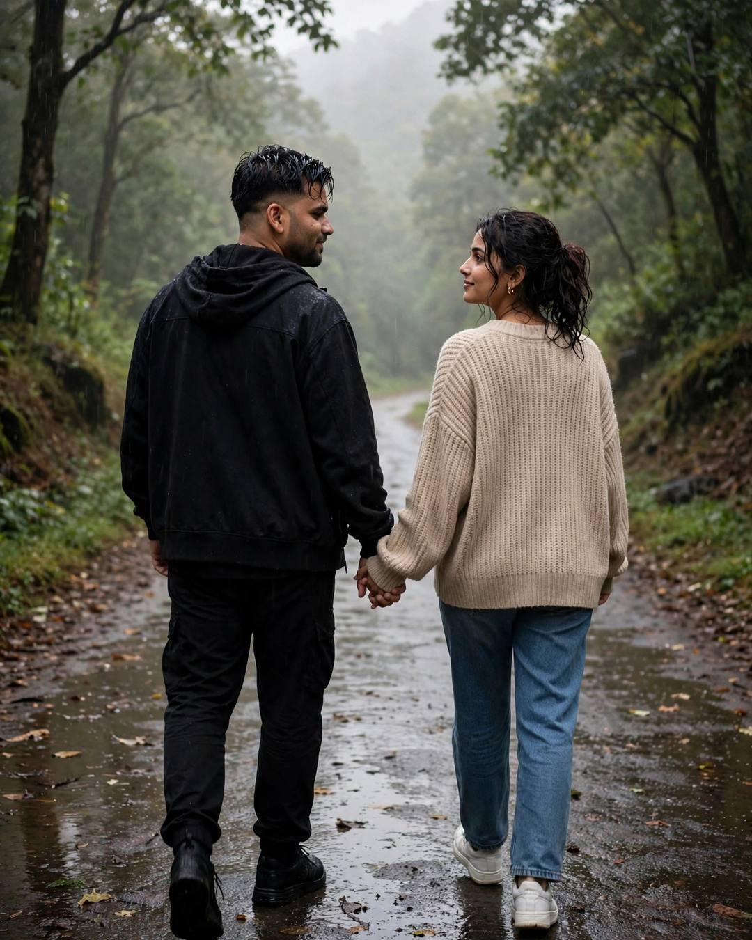 A birthday wish whispered at midnight, her — couple portrait at misty forest path, all-black streetwear with sneakers, damp rain-wet hair, love in glances, wistful mood, cinematic AI photo