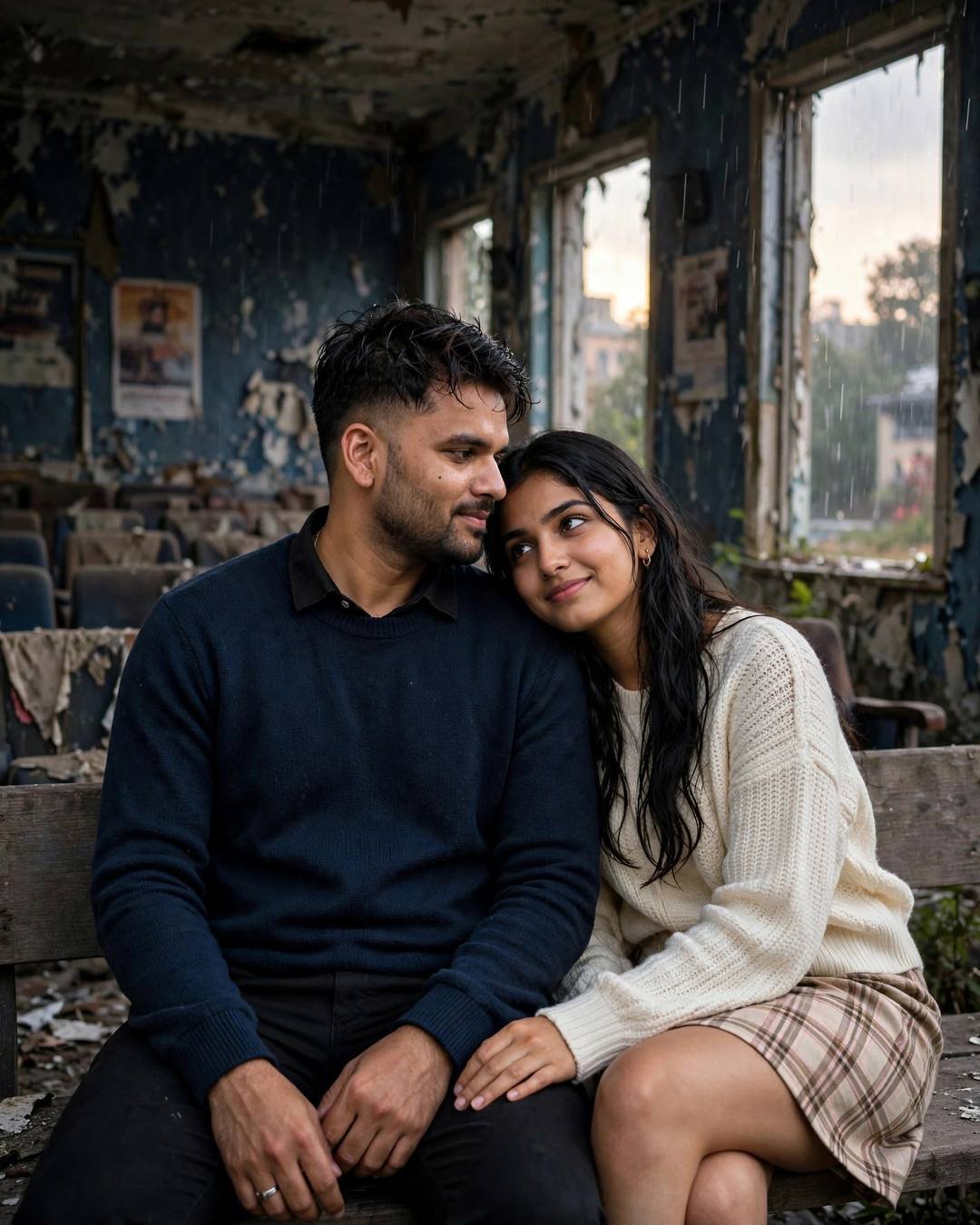 Their fingers brushing while reaching for the — couple portrait at abandoned cinema hall, navy sweater over collared shirt, towel-dried tousled hair, love in glances, hopeful mood, cinematic AI photo