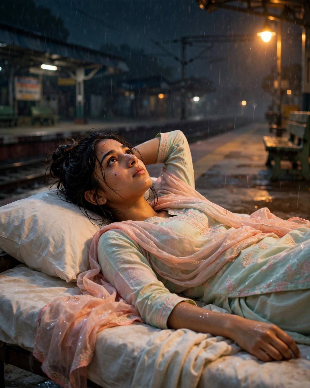 A candle lit at dusk on the — girl portrait at night, pastel salwar-kameez with dupatta, messy bun with stray strands, hope that stays, passionate mood, cinematic AI photo