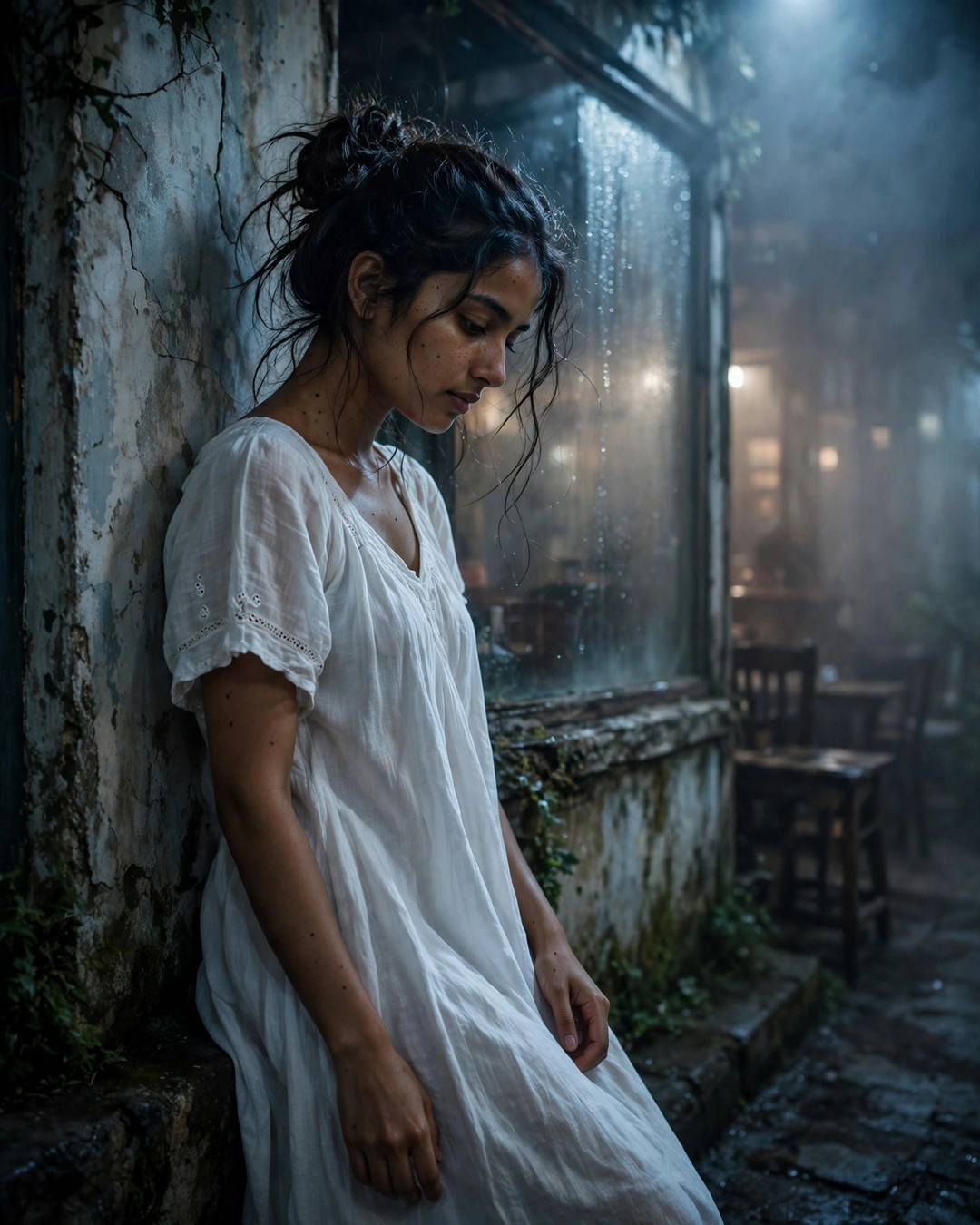 A window seat saved through three refills — girl portrait at old cafe by a fogged window, flowing white summer dress, messy bun with stray strands, hope that stays, electric mood, cinematic AI photo