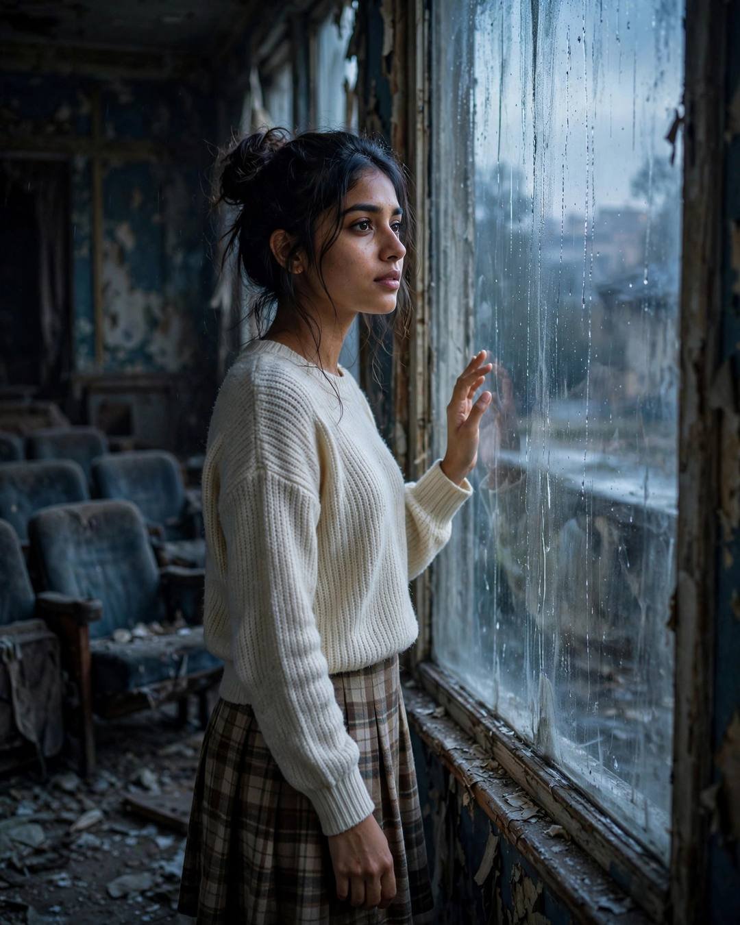 A rangoli half-finished at the door, waiting — girl portrait at abandoned cinema hall, cream knit top and plaid skirt, messy bun with stray strands, hope that stays, bittersweet mood, cinematic AI photo