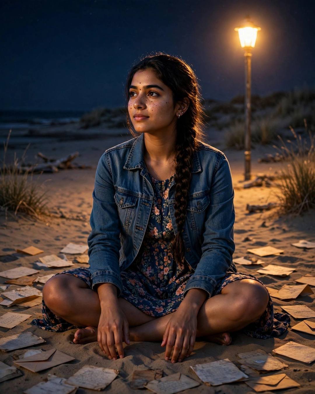 Waving at every auto that slows near — girl portrait at dusk, denim jacket over floral dress, long braid over one shoulder, hope that stays, hopeful mood, cinematic AI photo