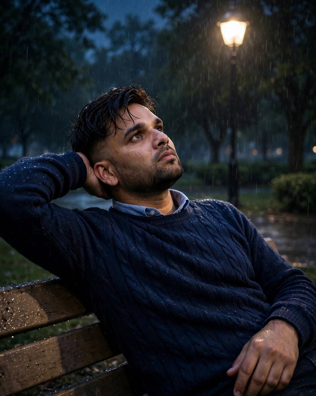 Young Indian man in navy sweater reclining on a rain-wet park bench at midnight under a glowing streetlamp, fine rain falling, blue-hour glow