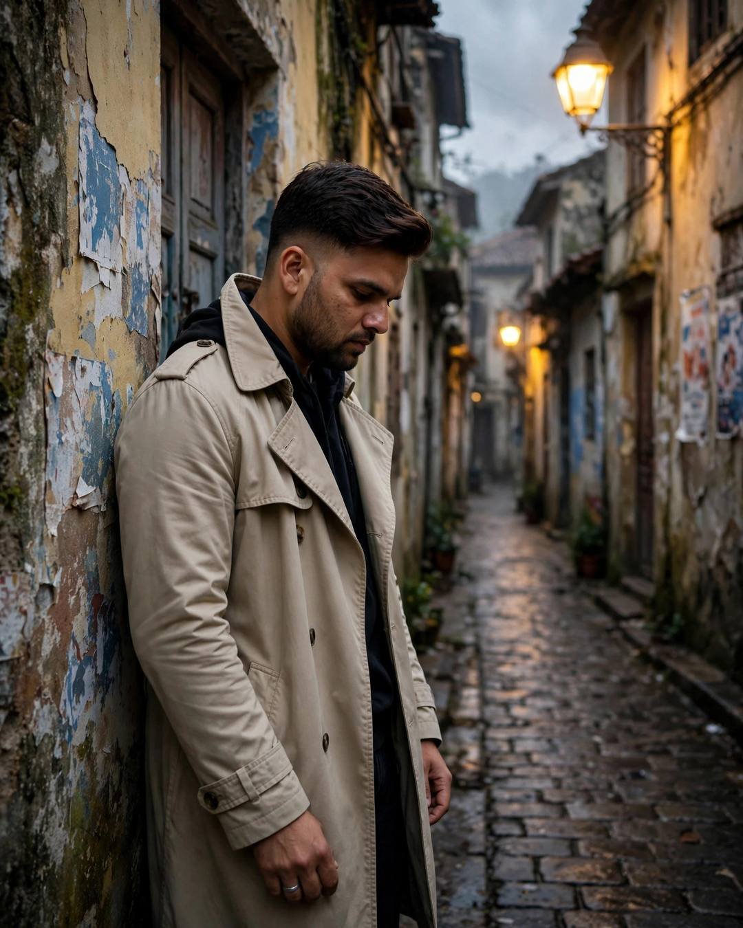 Young Indian man in beige trench coat leaning against a peeling wall in a narrow old-city lane at dawn, head bowed, warm streetlamp glowing