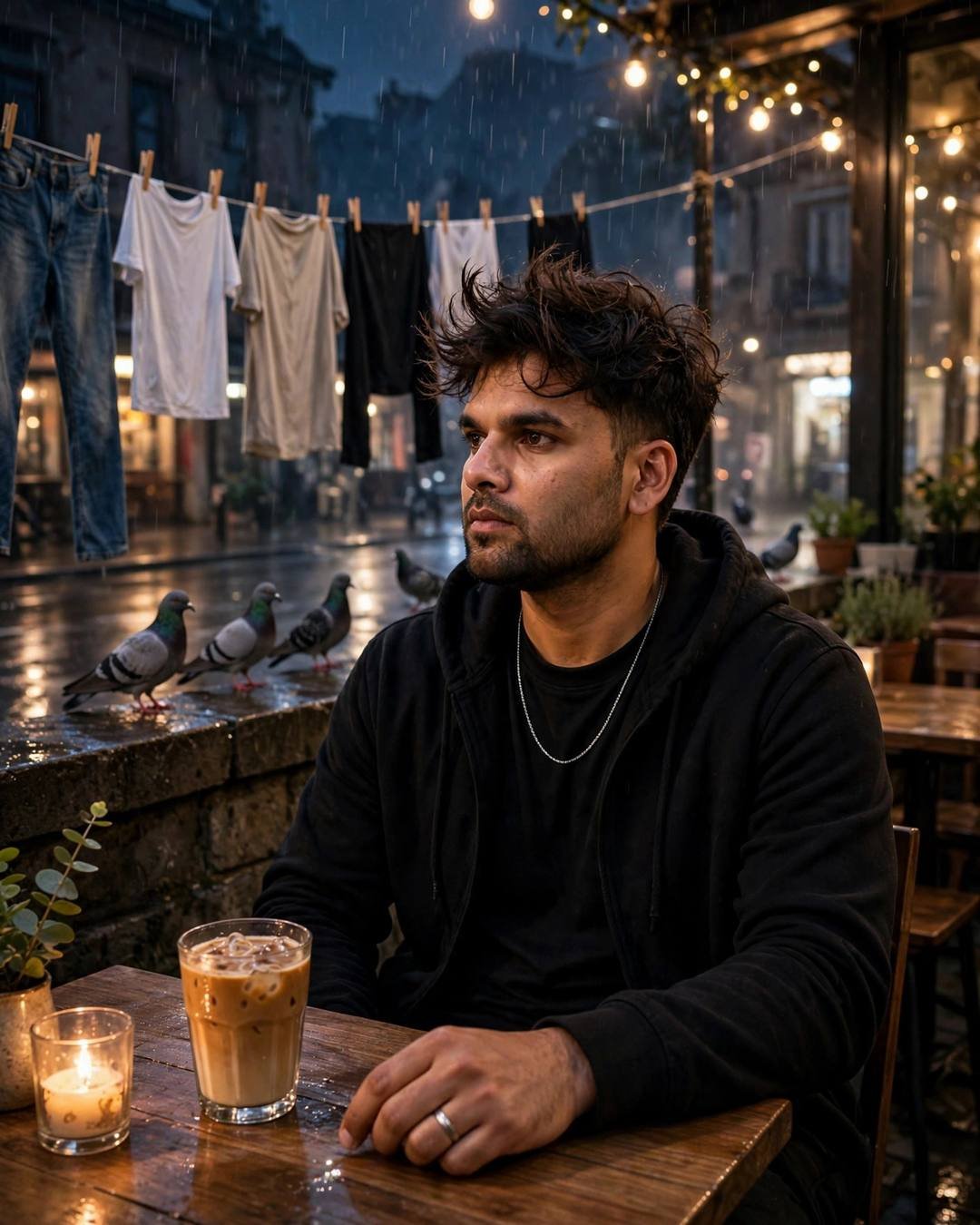 Young Indian man in black streetwear sitting at a terrace cafe table with an iced coffee and candle, pigeons and drying clothes lines behind, post-rain dusk