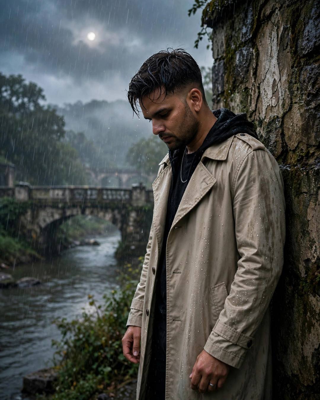 Young Indian man in rain-soaked beige trench coat leaning against a weathered stone wall beside a river bridge in heavy monsoon rain, moonlit clouds