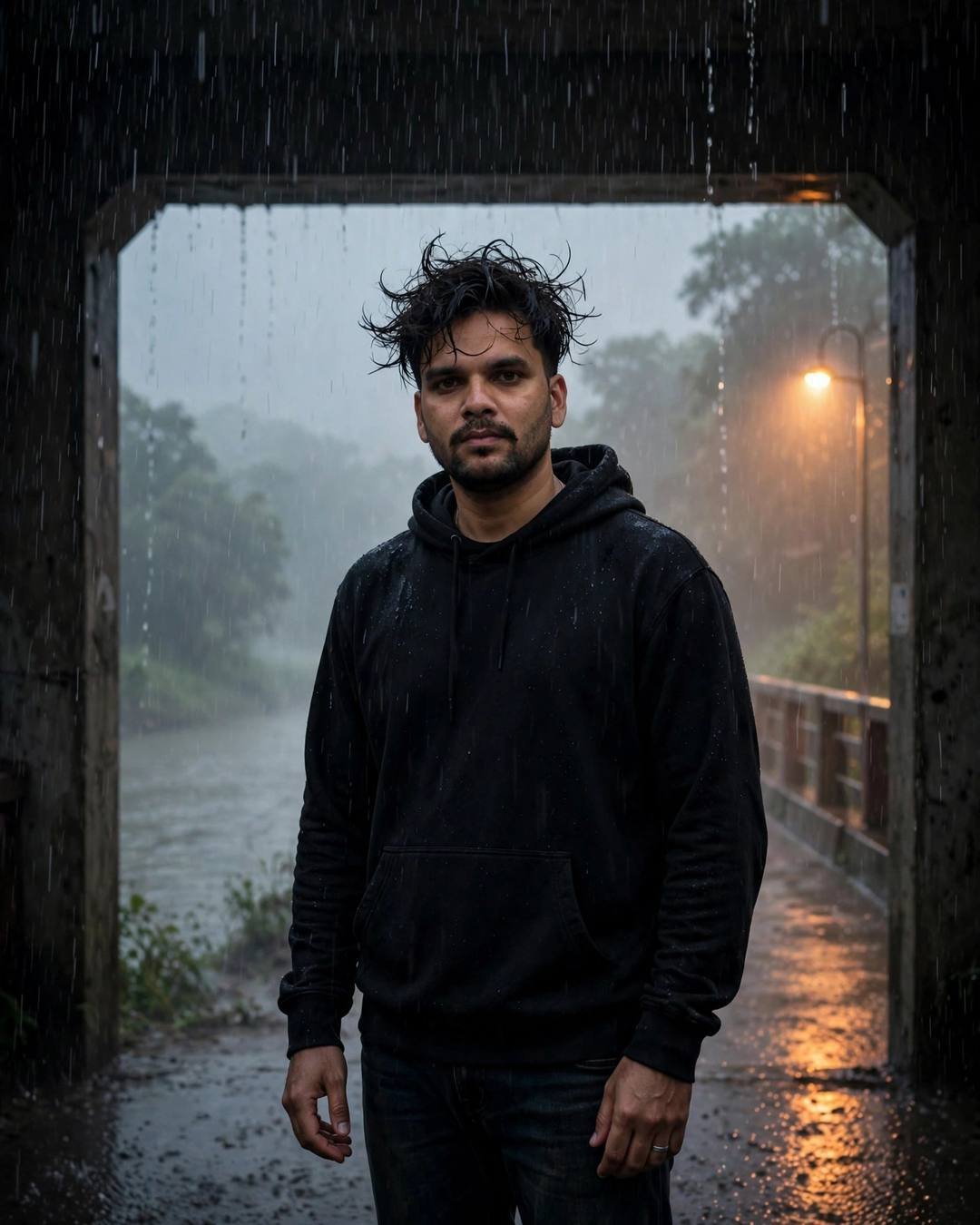 Young Indian man in black hoodie standing in a stone archway on a bridge over a river in heavy monsoon rain at dawn, streetlamp glowing