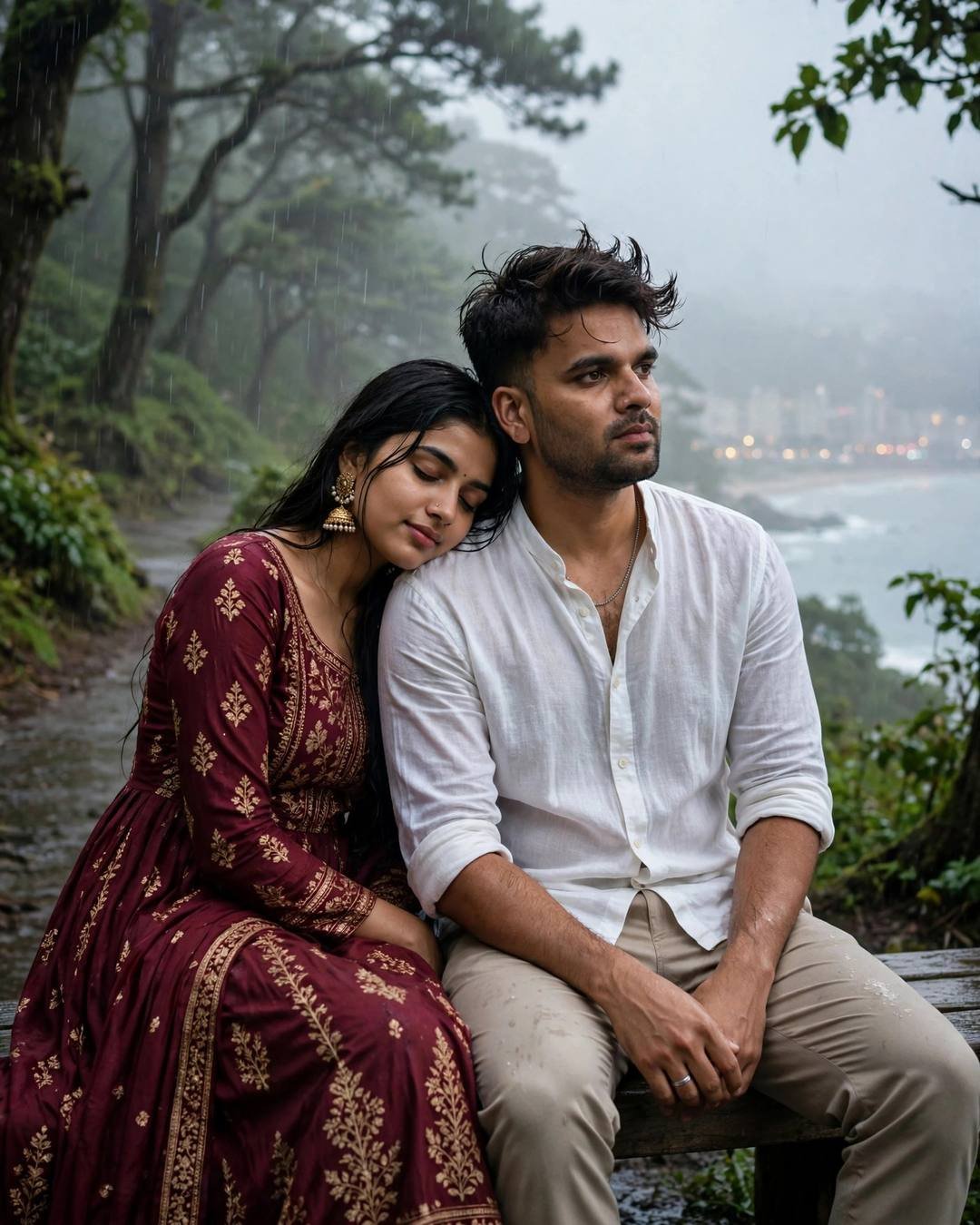 Cinematic AI portrait of a young Indian couple — collecting pretty seashells in her flowing dupatta,, white linen shirt with rolled sleeves, beige trousers, windswept textured hair, rooftop overlooking sleeping city lights