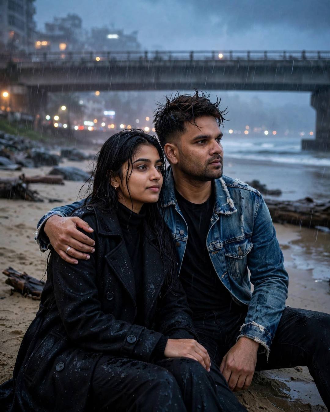 Cinematic AI portrait of a young Indian couple — their long shadows merging into one at, charcoal blazer, black turtleneck, windswept textured hair, terrace with drying clothes lines and pigeons