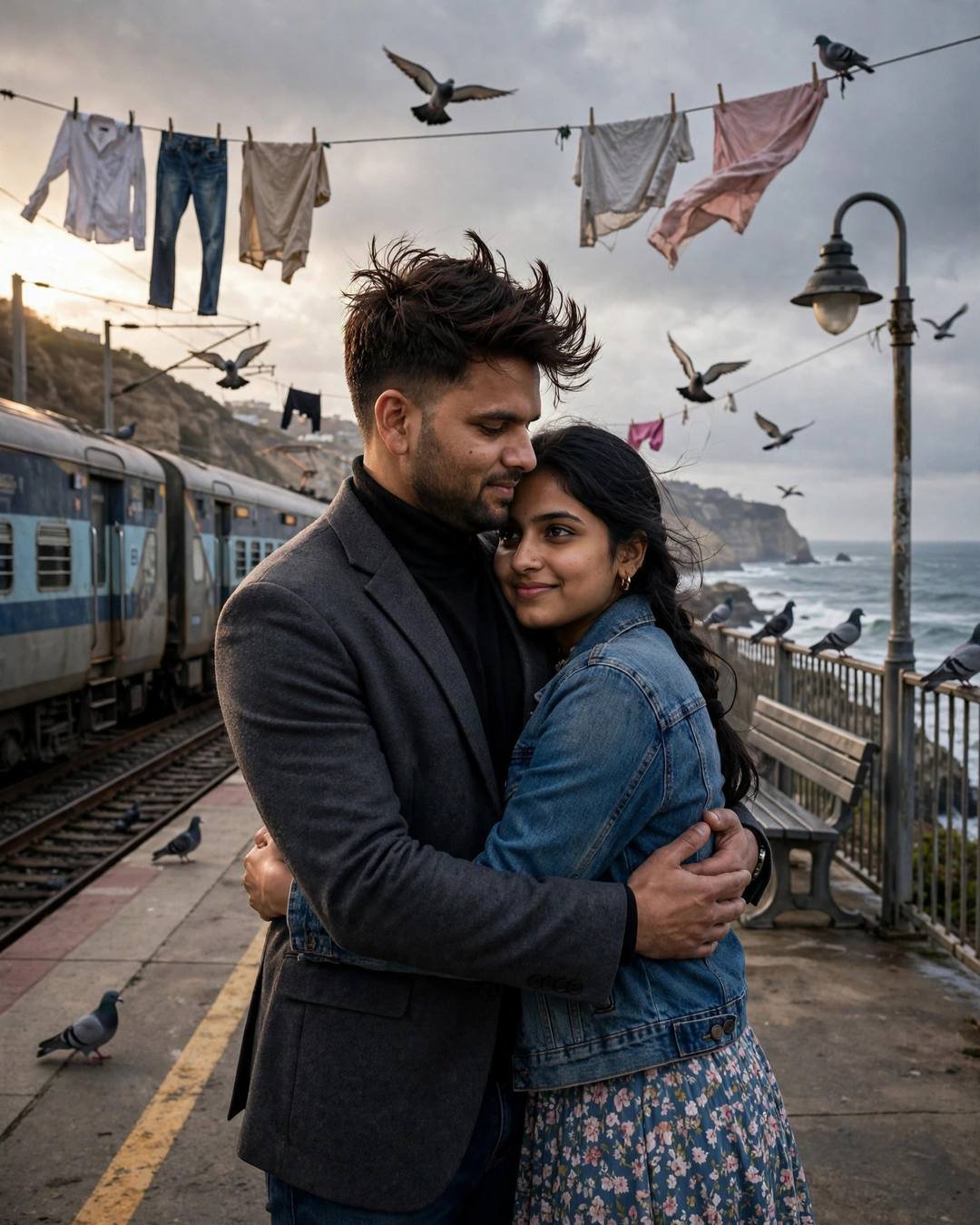 Cinematic AI portrait of a young Indian couple — footprints spiralling playfully around each other on, distressed denim jacket over black tee, slightly messy morning hair, bridge over a slow river