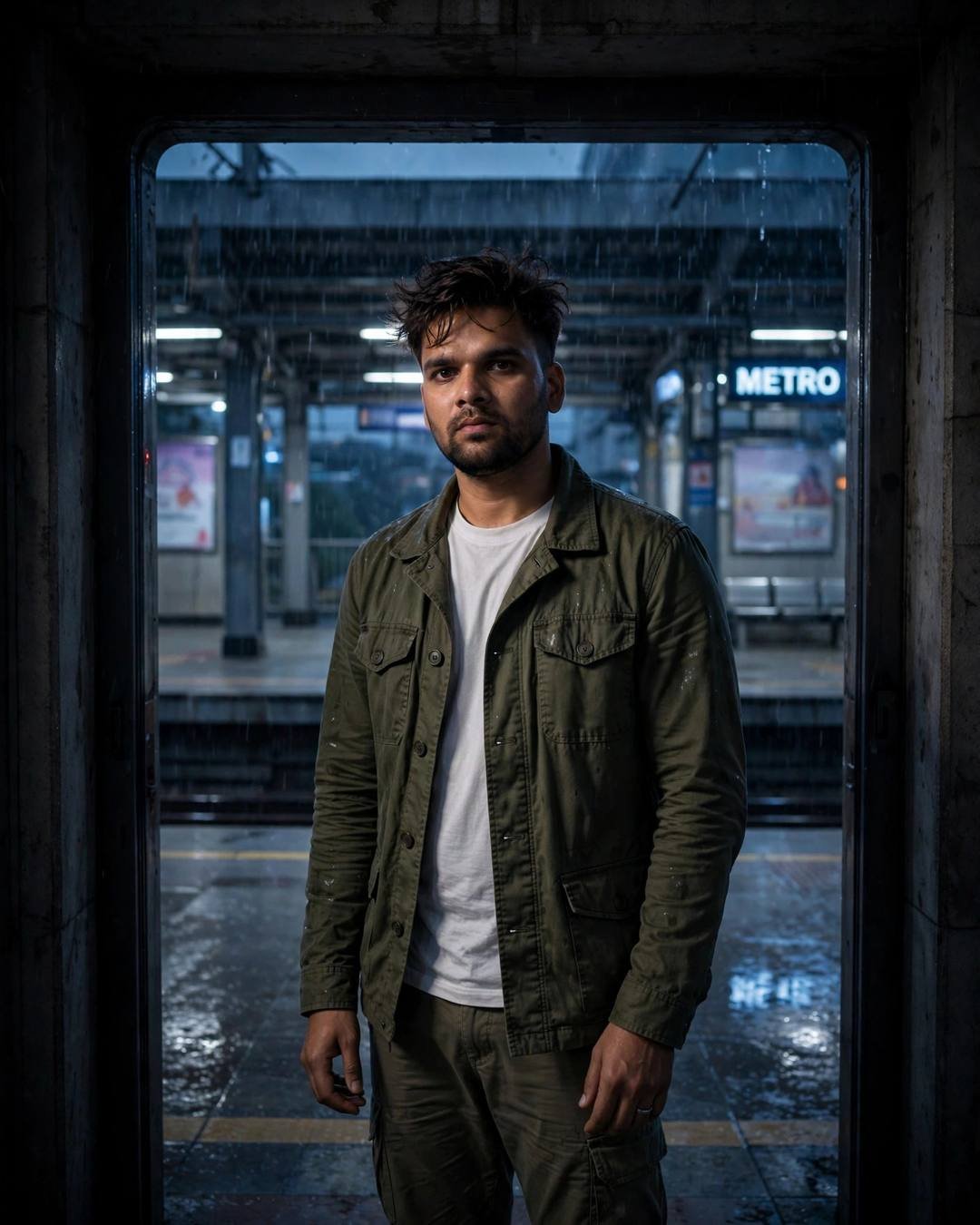 Cinematic AI portrait of a young Indian man — black silk kurta catching the warm temple, white linen shirt with rolled sleeves, beige trousers, damp rain-wet hair, misty forest path