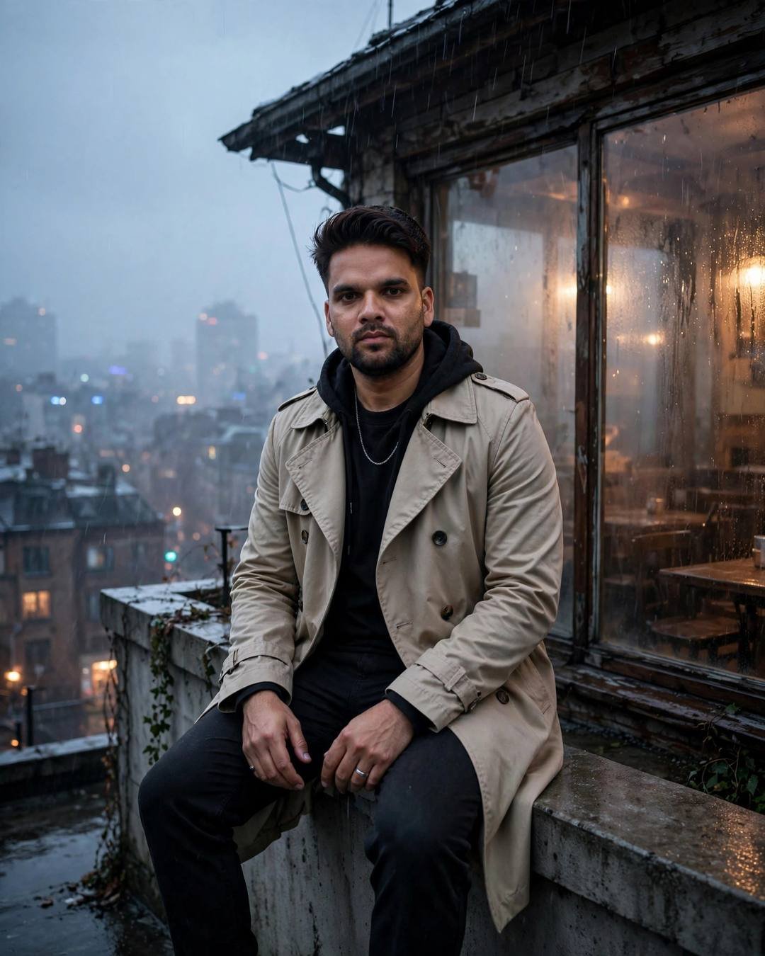 Cinematic AI portrait of a young Indian man — black kurta at a moonlit gathering, beige trench coat over dark layers, neatly combed side part, old cafe by a fogged window