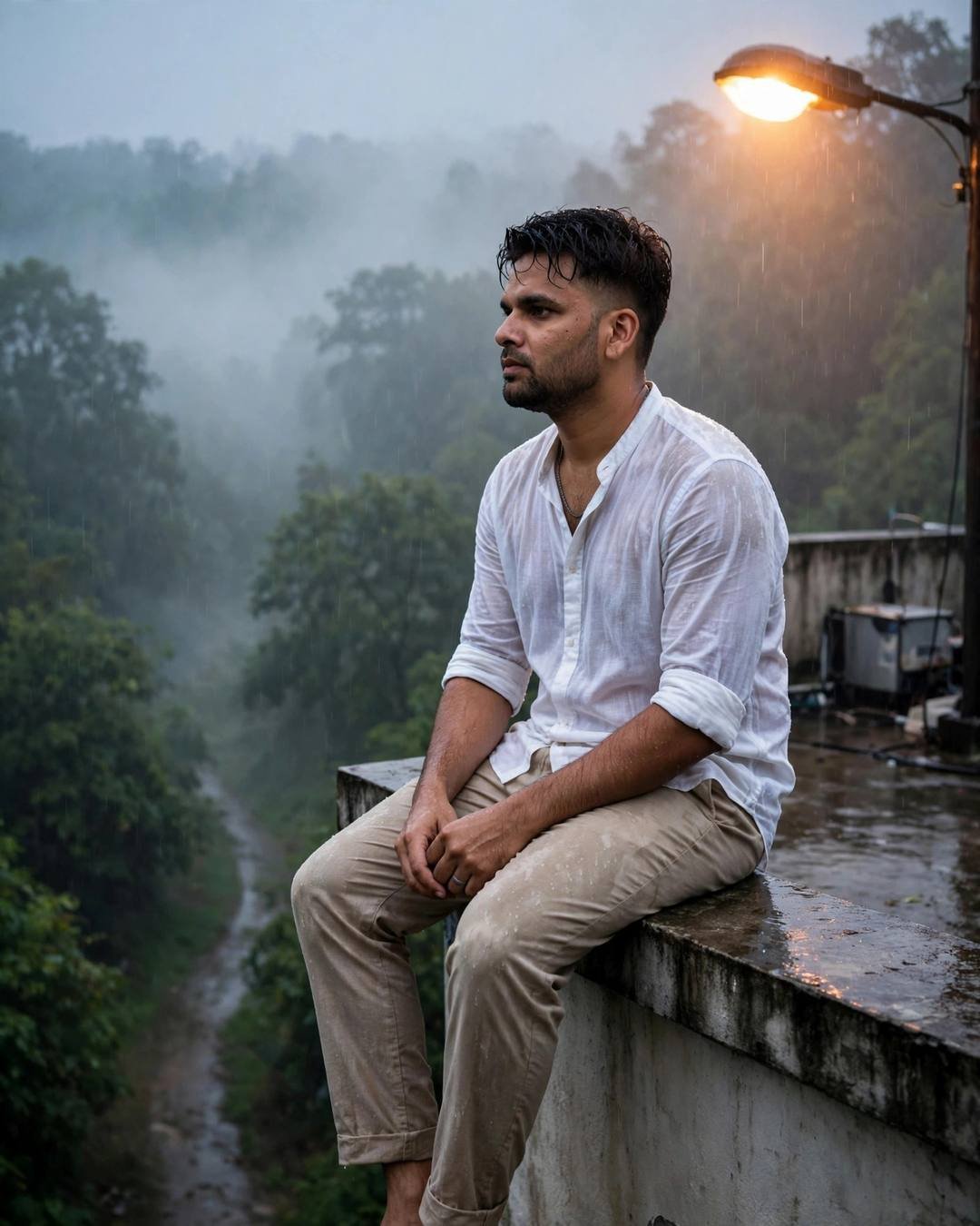Cinematic AI portrait of a young Indian man — jet-black hoodie beneath bright fireworks blooming over, olive field jacket, white tee, cargo pants, slightly messy morning hair, midnight metro station