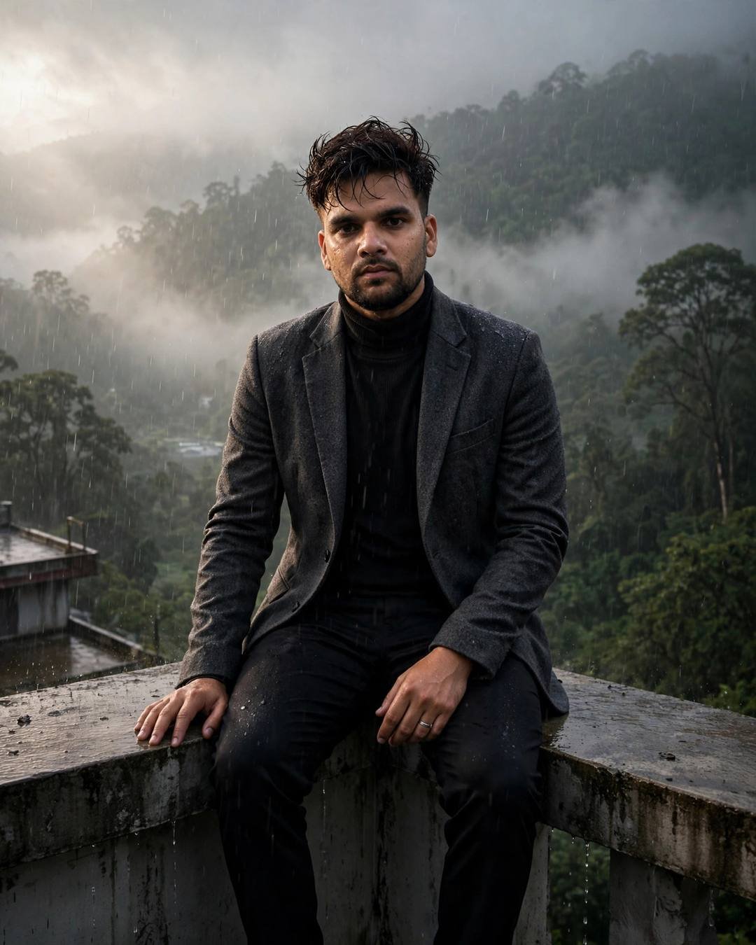 Cinematic AI portrait of a young Indian man — a black bandhgala gleaming under a crystal, charcoal blazer, black turtleneck, slightly messy morning hair, misty forest path