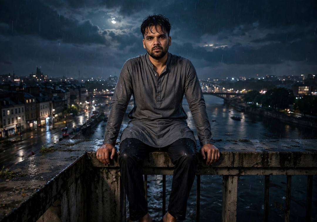 Cinematic AI portrait of a young Indian man — a fitted black achkan framed against ancient, grey kurta with dark pajama, damp rain-wet hair, bridge over a slow river