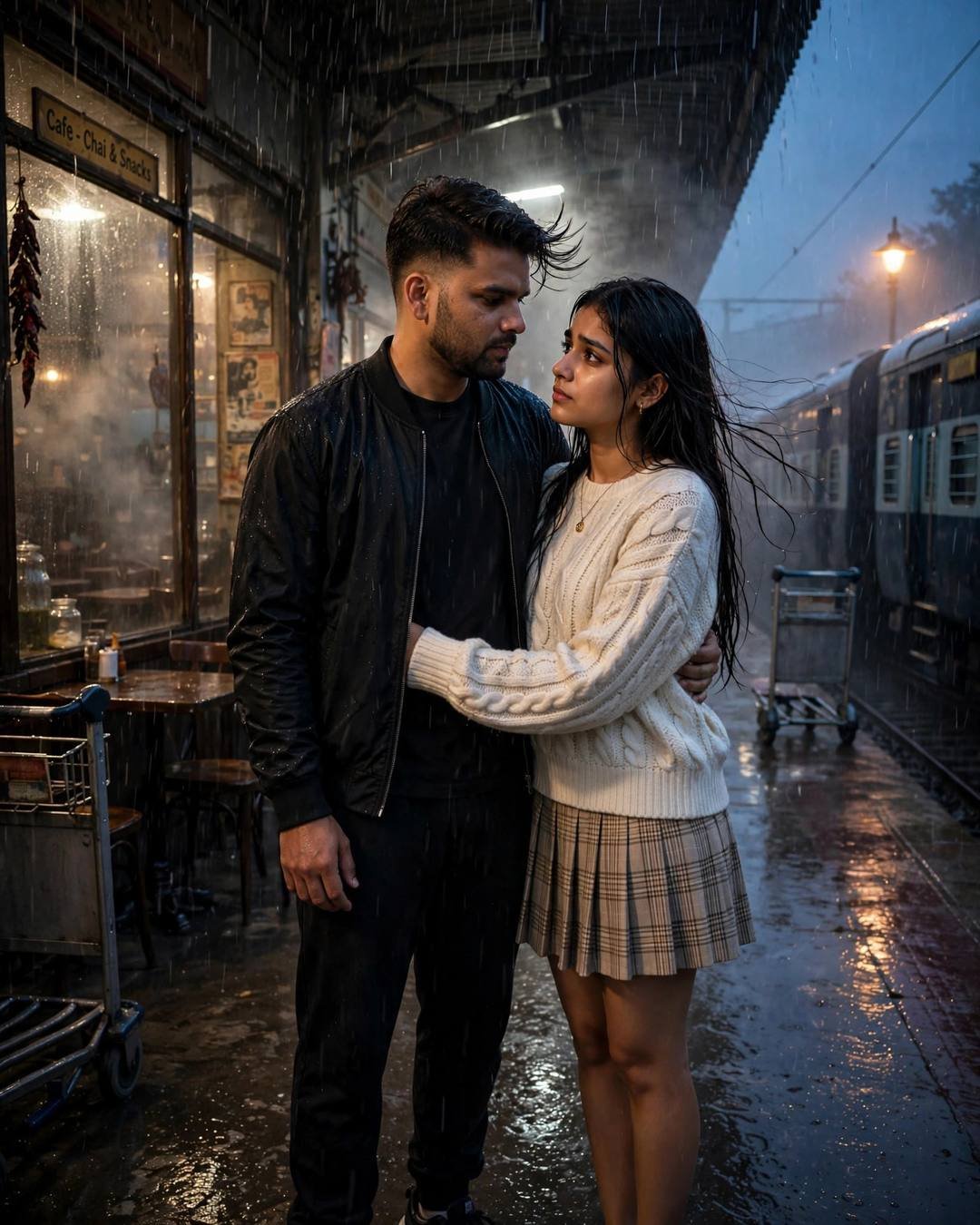 Couple embracing on a rainy railway platform at dusk beside a waiting train, man in black streetwear, woman in cream knit top