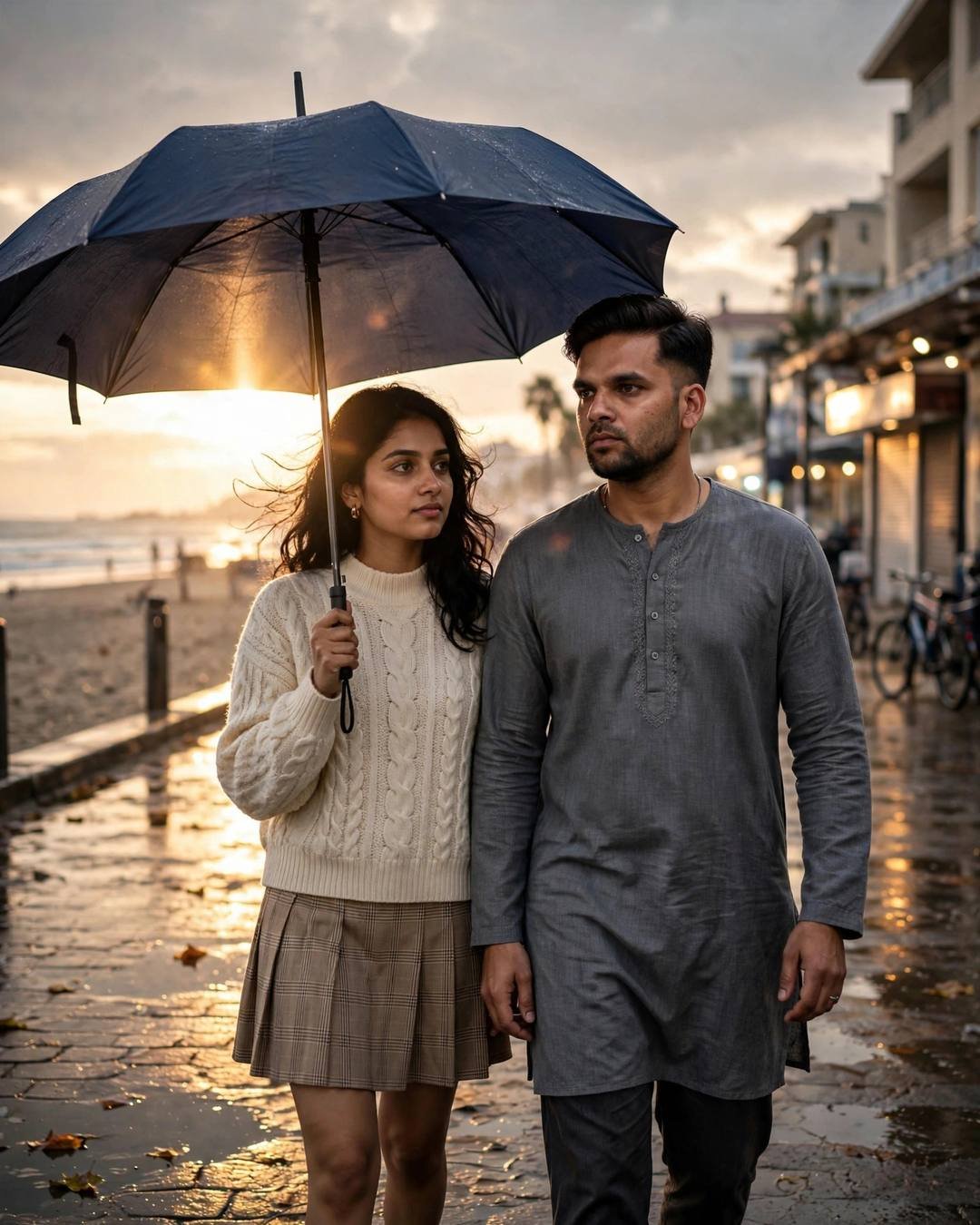 Couple walking under one umbrella on a wet seaside promenade at sunset, man in grey kurta, woman in cream sweater