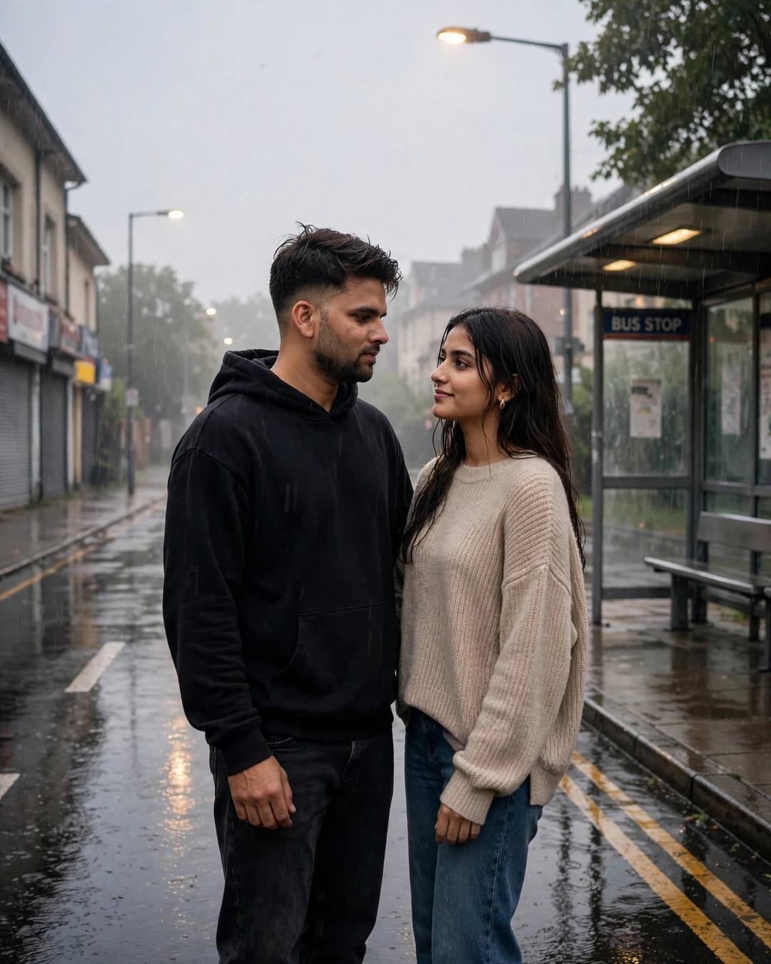 Couple slow dancing on an empty rainy street at night under streetlights, man in black hoodie, woman in beige sweater